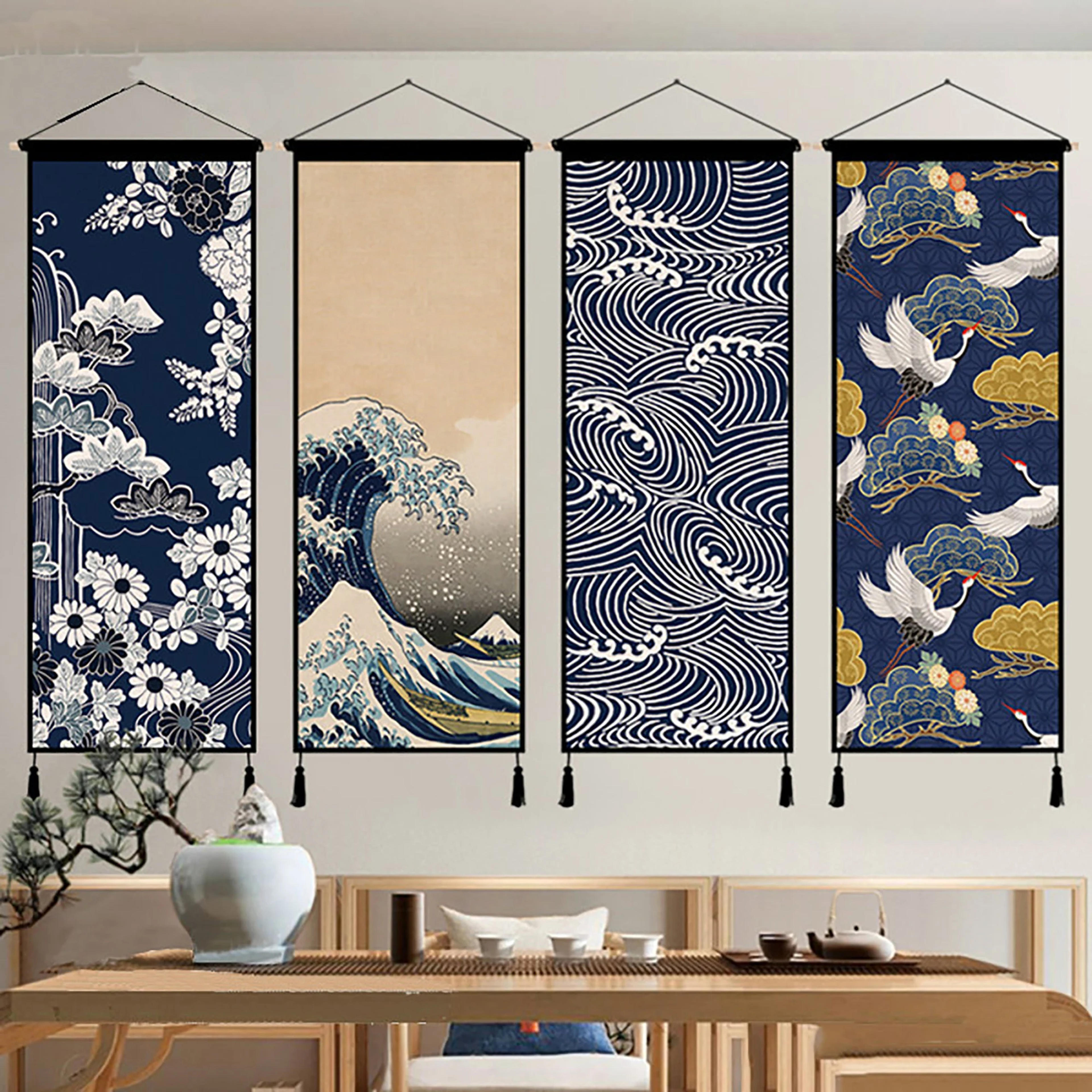 Japanese-style Tapestrywave Crane Wall Hangingcotton Line