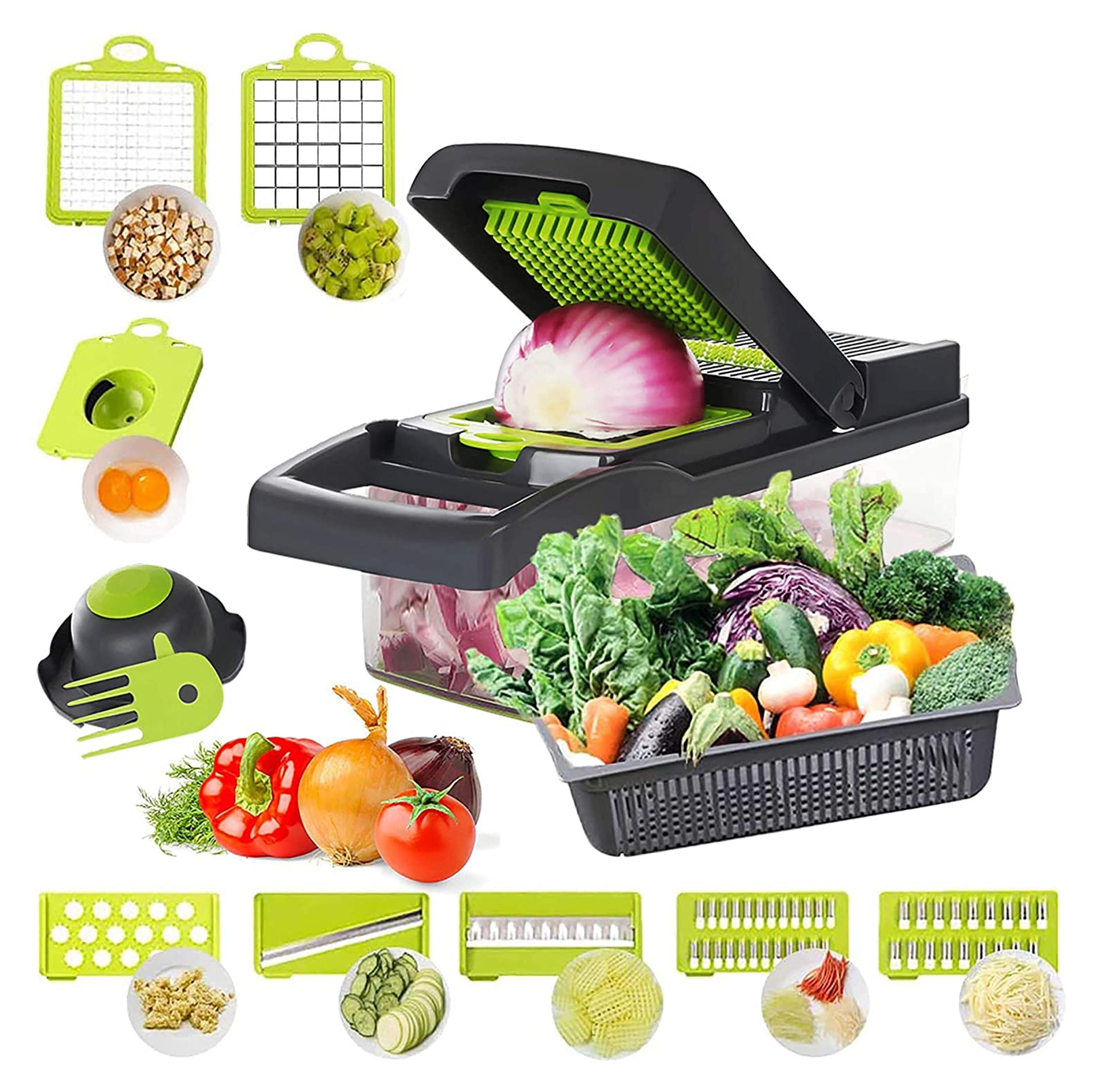 PIONEO 12 in 1 Vegetable Chopper, Multifunctional Mandoline Slicer Dicer Household Kitchen Manual Julienne Grater Cutter for Onion, Garlic, Carrot, Potato, Tomato, Fruit, Salad (gray-green)