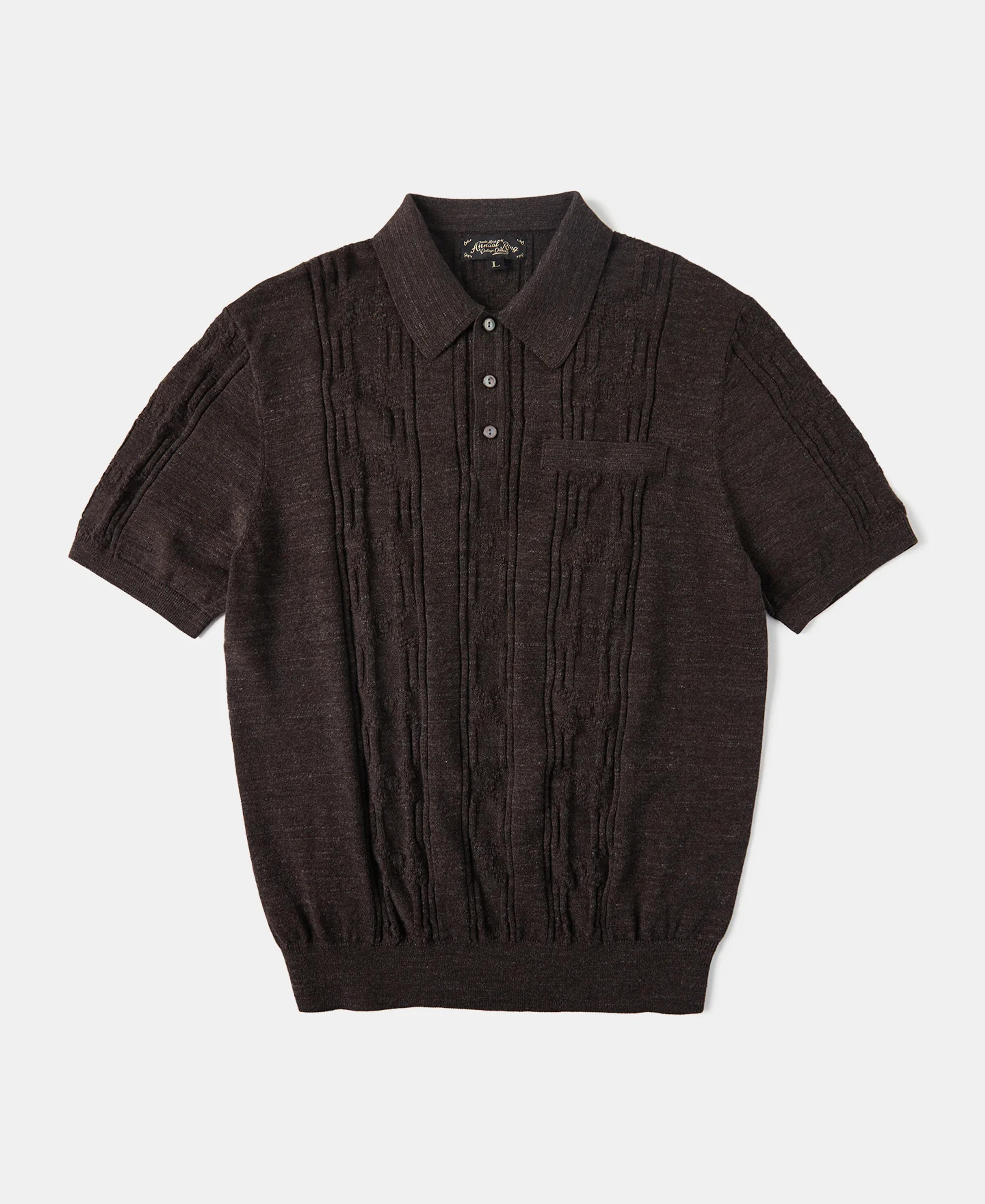 1960s Jacquard Slub Cotton Short Sleeve Polo Shirt - Coffee | Olderbest