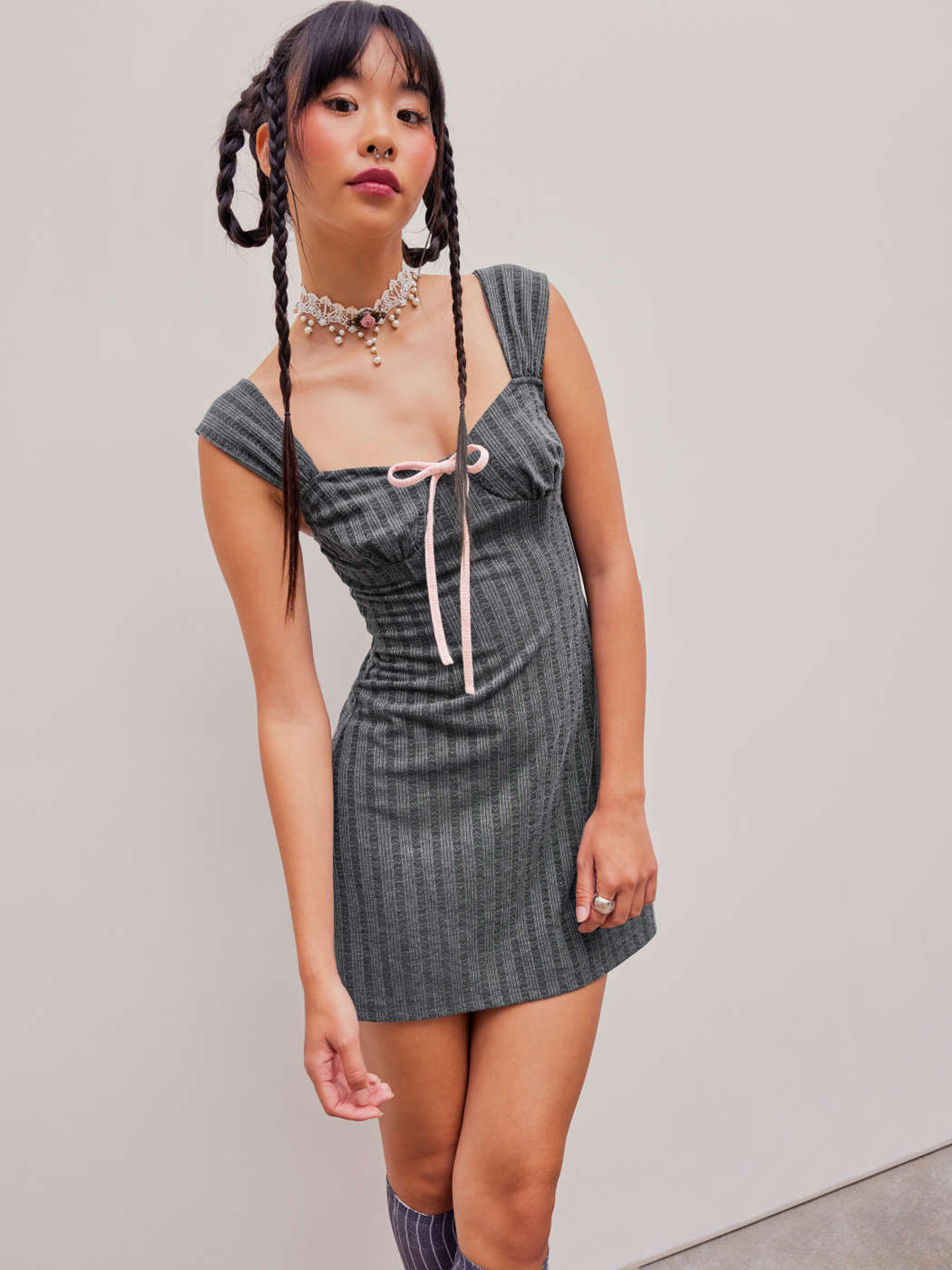 Striped Bowknot Knit Mini Dress - Cider