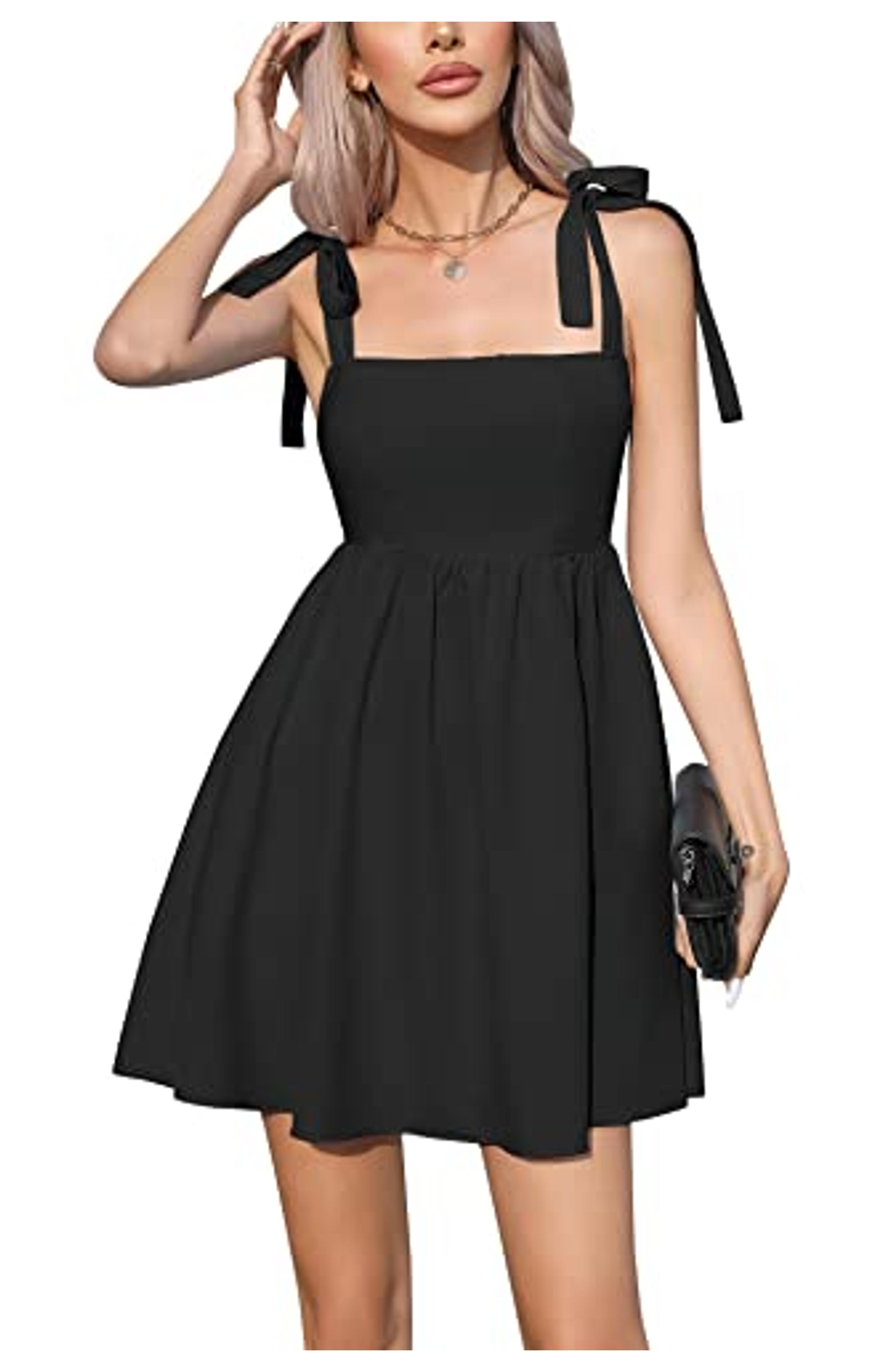 Amazon.com: EXLURA Women’s Summer Tie Strap A Line Cute Mini Dresses Square Neck Smocked Flowy Sexy Sundress with Pockets Black : Clothing, Shoes & Jewelry