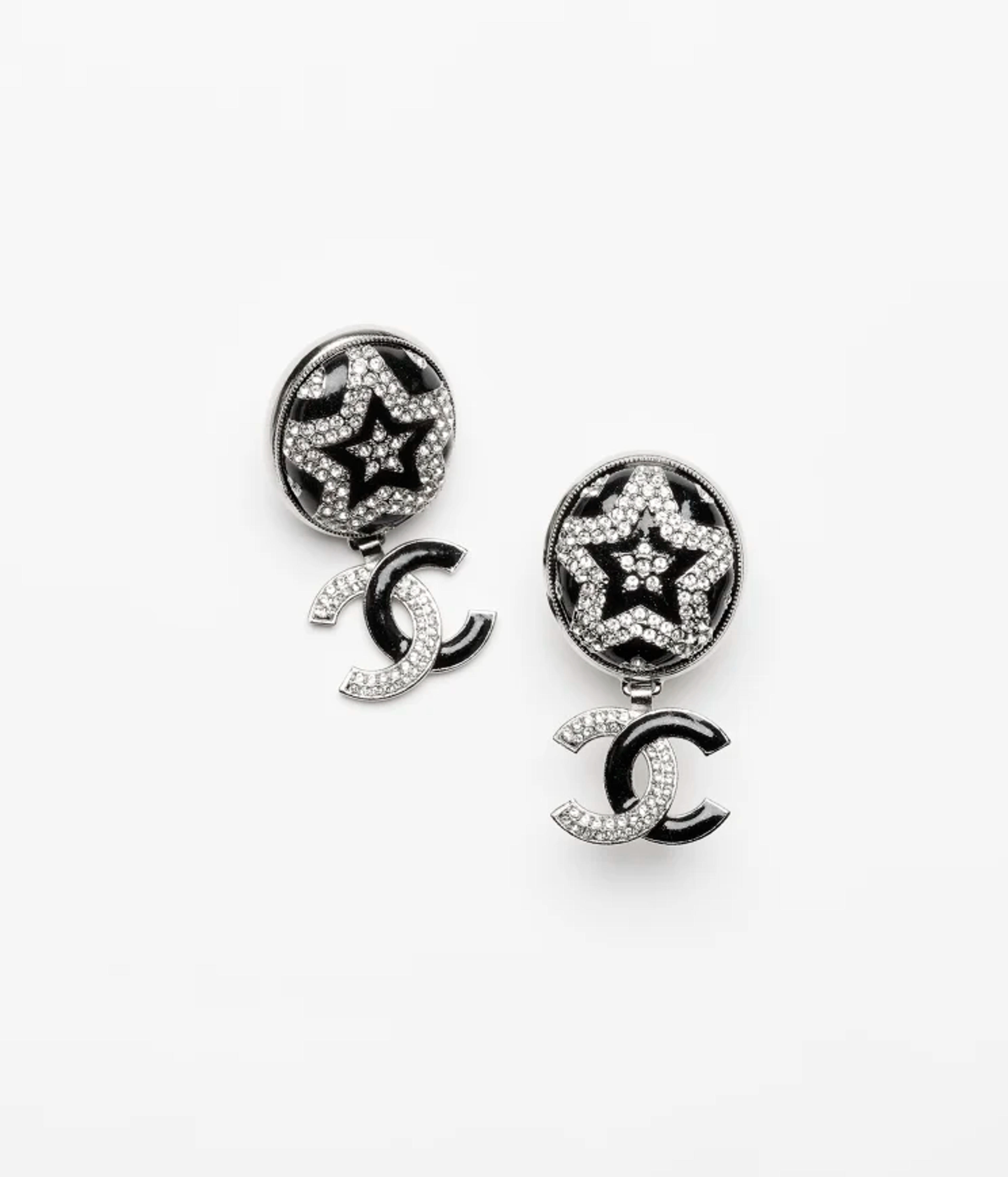 Pendant earrings - Metal, resin & strass, silver, black & crystal — Fashion | CHANEL