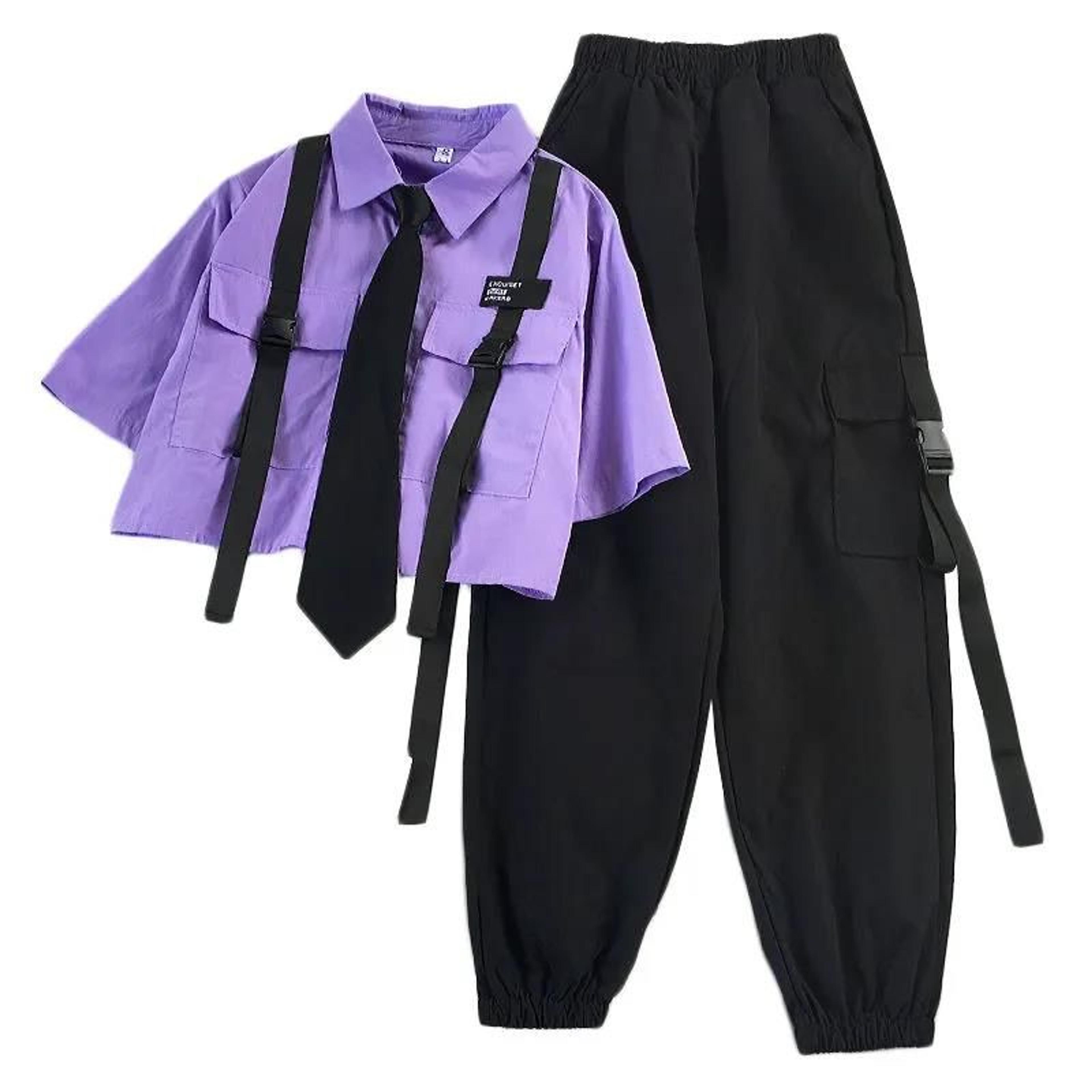 Ingvn 2022 Spring Womens Fashion Autumn Streetwear Pants High-Waist Straight Ribbon Cargo Pants Student Loose Short-Sleeved Shirt with Tie two-piece Set - Purple 2 piece / S