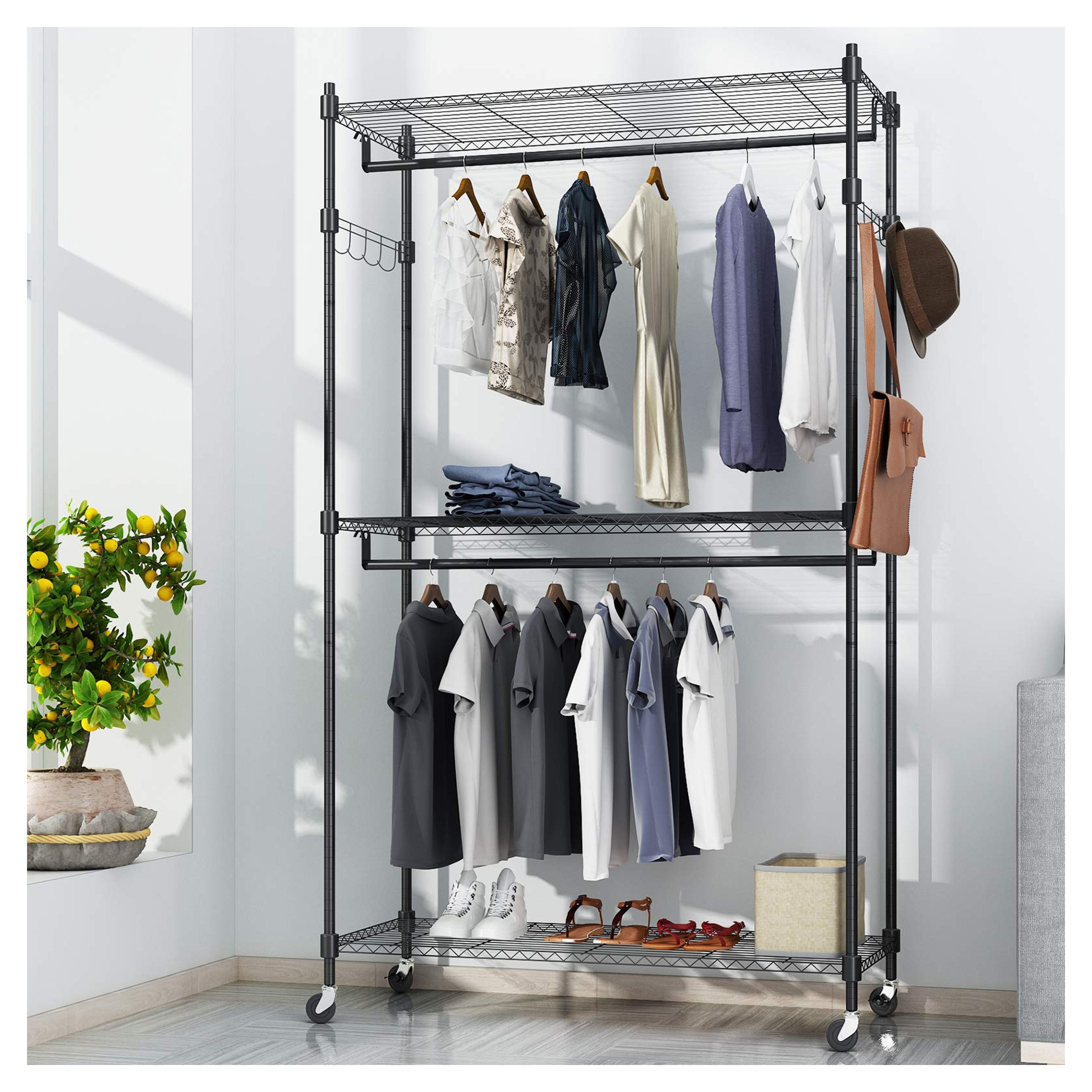 BATHWA Metal Clothing Rack Rolling Garment Rack Heavy Duty Clothes Rack 3-Tier Coat Dress Rack Large Wardrobe Rack Portable Closet Shelves with Lockable Wheels , 2 Hanging Rods and 2 Side Hooks, Black