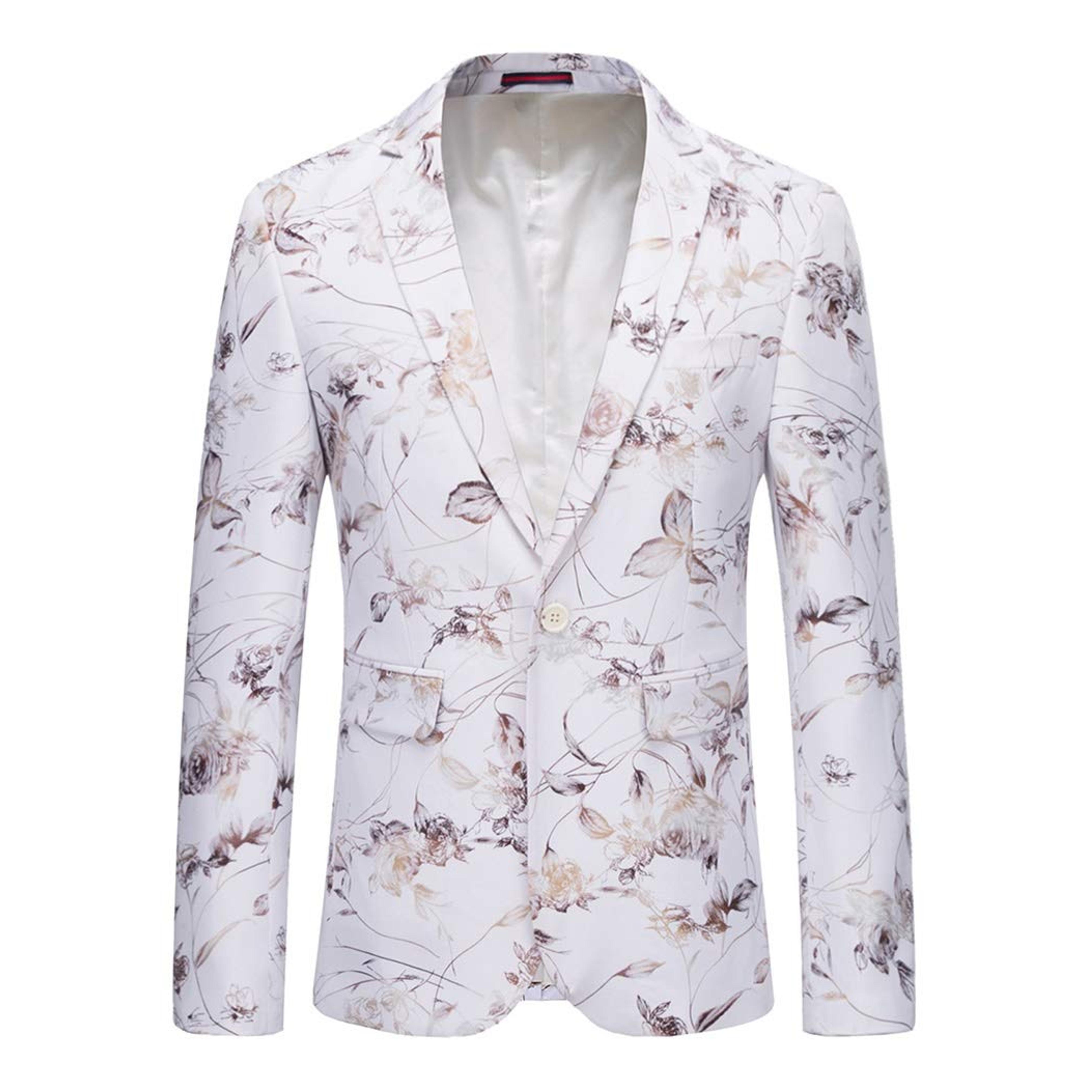 Mens Dress Floral Suit Slim Fit Single Breasted Stylish Casual Printed Blazer Jacket White