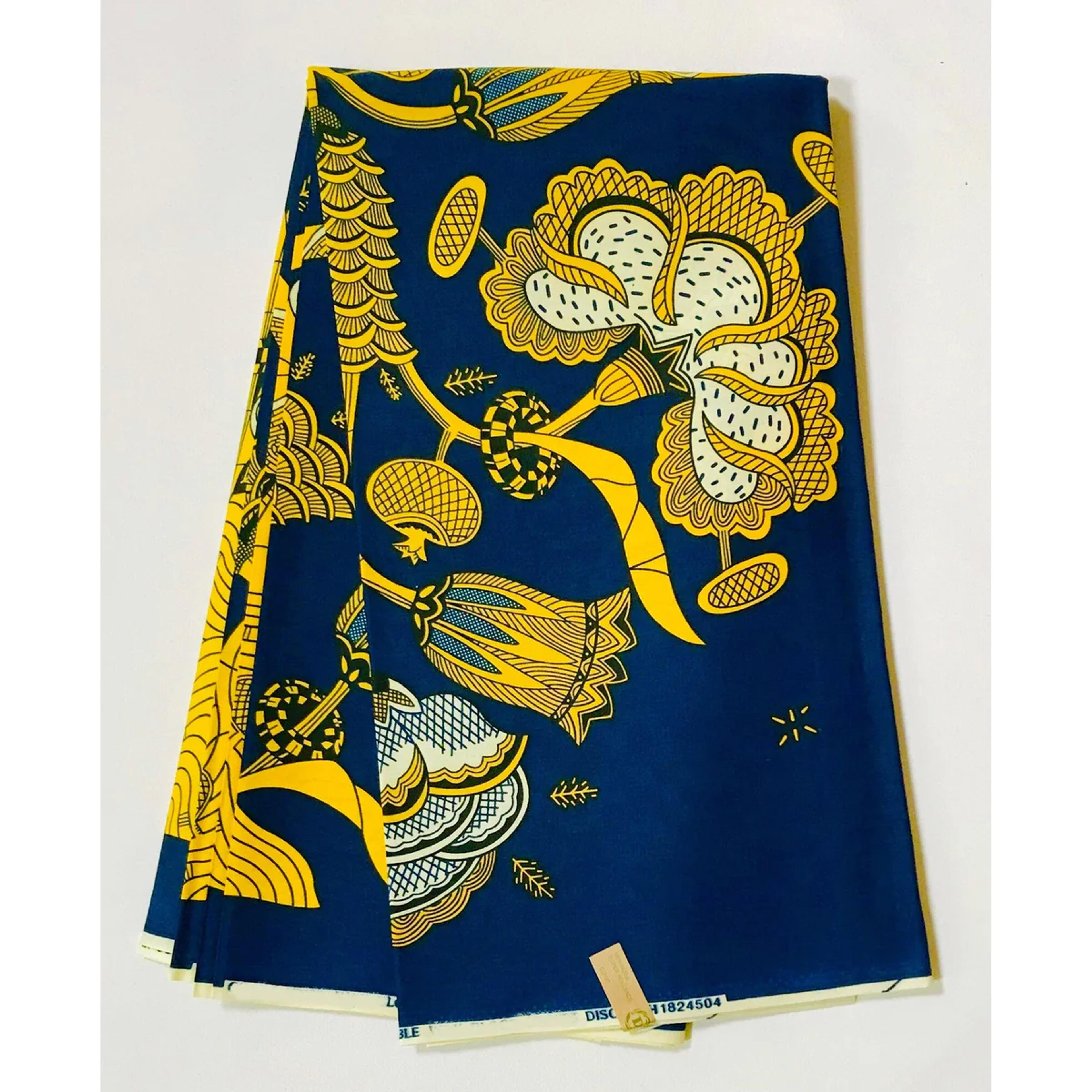 African Print Fabric/ Ankara - Blue, Yellow, Beige 'Rooted', Per YARD – House Of Mami Wata
