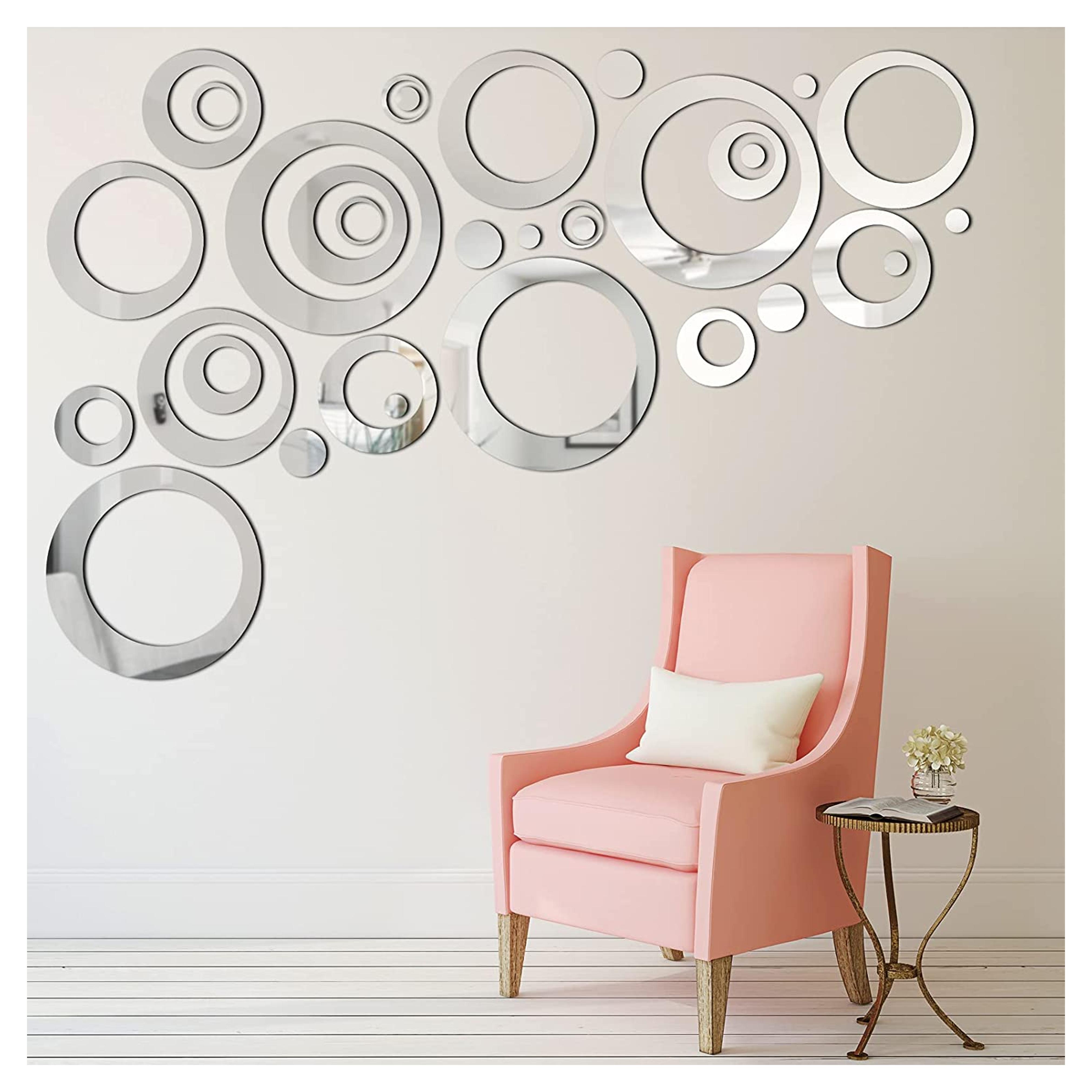 Removable Wall Mirror Sticker Decal Acrylic Setting for Home Living Room Bedroom Decor, 1.5-13.5 cm, 32 Pieces (Silver)