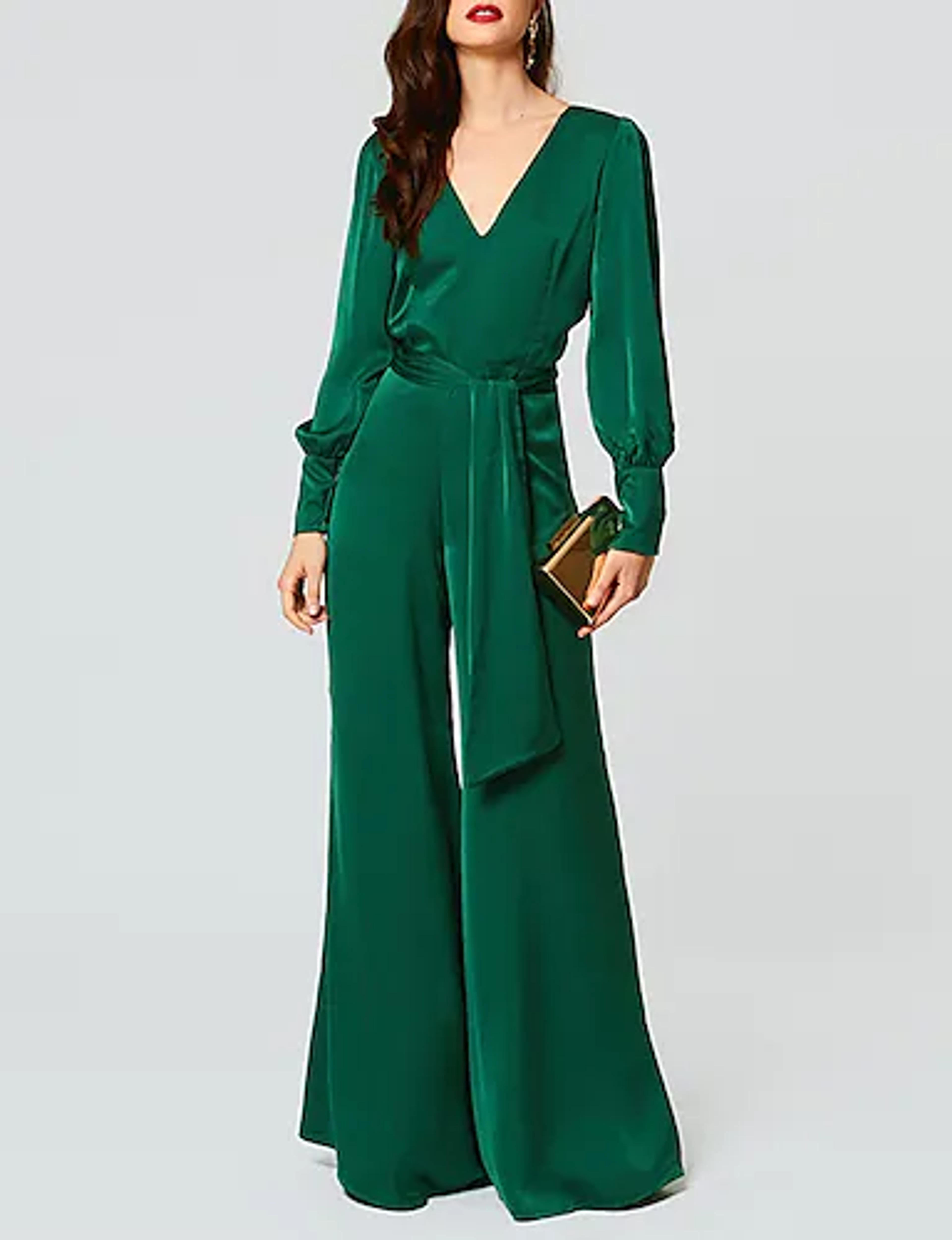 Jumpsuits Beautiful Back Empire Wedding Guest Formal Evening Dress V Neck Long Sleeve Floor Length Satin with Sash / Ribbon 2022 7782008 2022 – $125.97