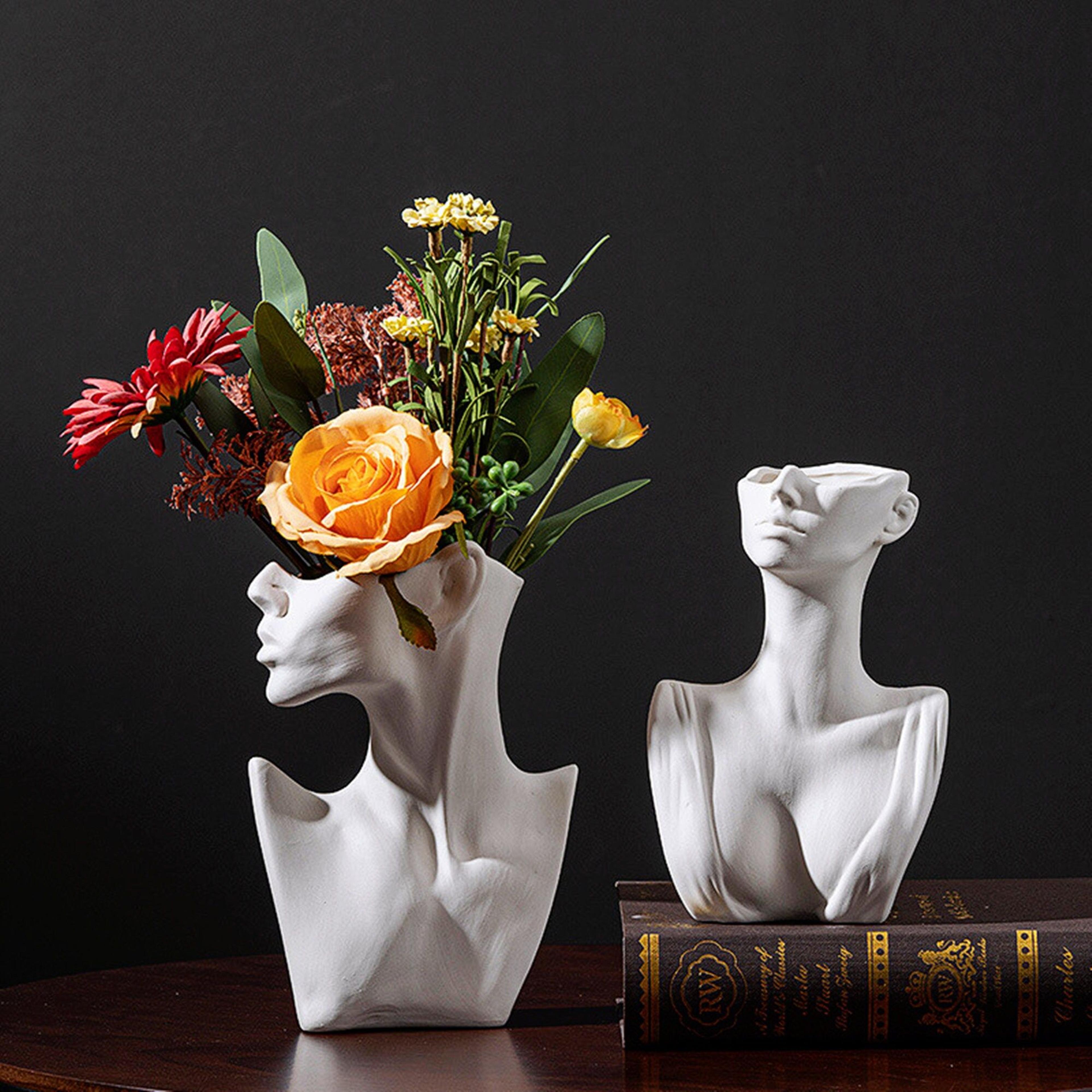 Ceramic Vase Half Face Portrait Design Pottery Abstract Head Human Porcelain Creative Decorative Gift Flower Vase Pot Home Table Living Room