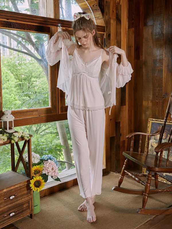 Slessic Vintage V-Neck Lace Embroidered Sexy Flower Button Camisole Robe  Romantic Loungewear Pajama Set