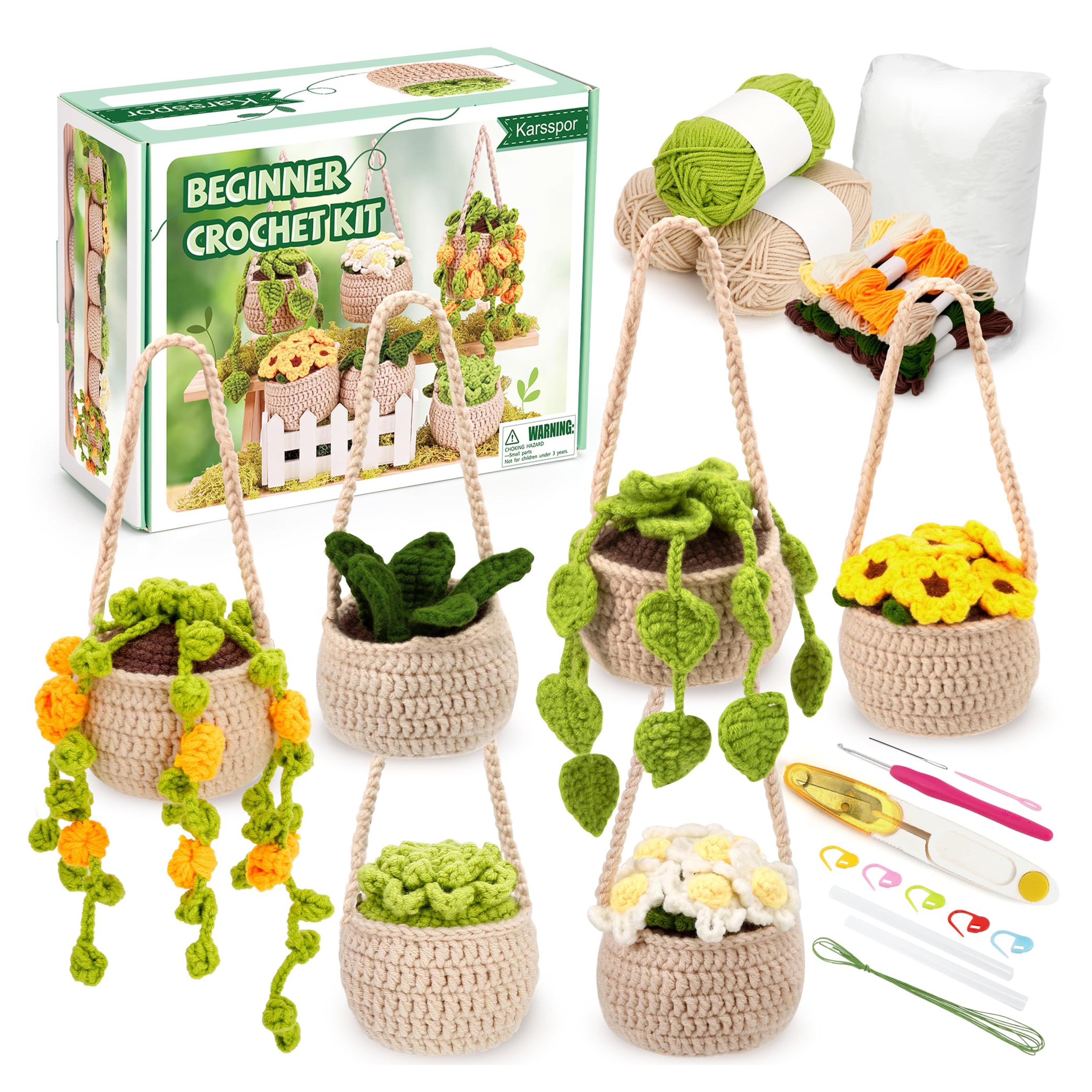 Karsspor Beginner Crochet Kit for Adults - 6 PCS Hanging Potted Plants Crochet, Crochet Starter Kit with Detailed Instructions and Video Tutorials, Complete Crochet Kit for Beginners (Patent)