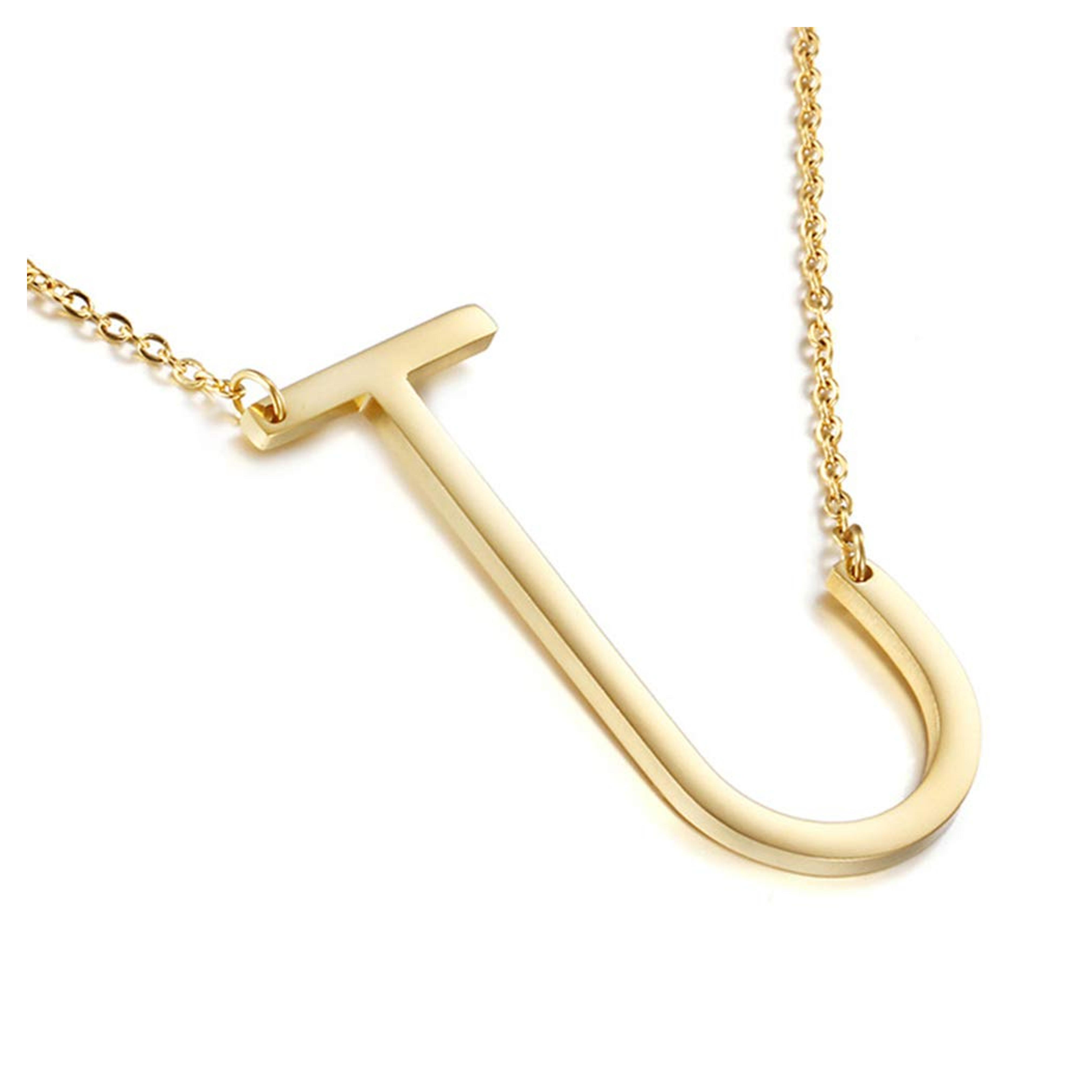 MOMOL Sideways Initial Necklace 18K Gold Plated Stainless Steel Large Big Letter J Pendant Necklace Script Name Monogram Necklaces for Women Girls Kids (J)