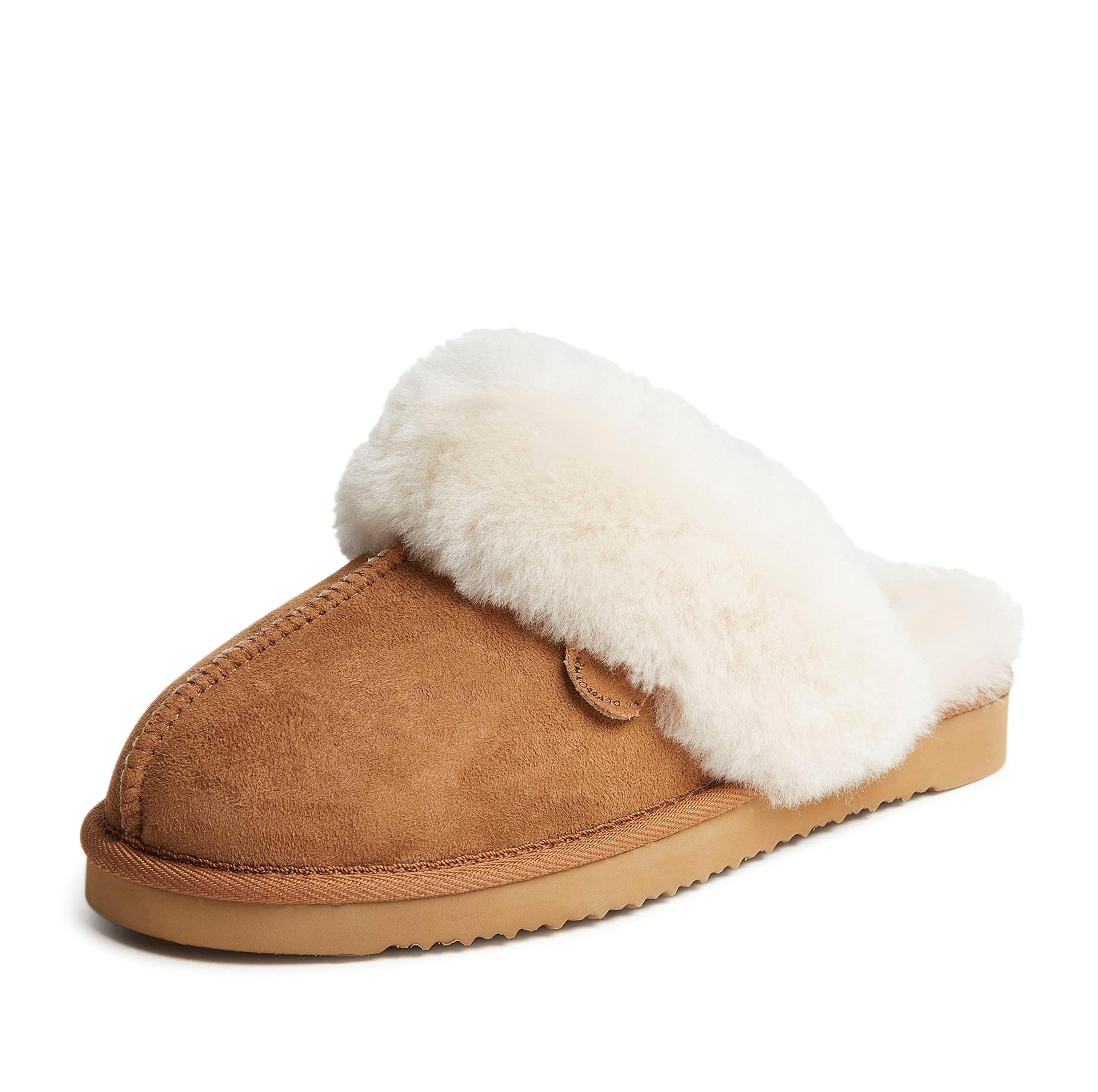 Amazon.com | Dearfoams Women's Fireside Sydney Shearling Fur Indoor/Outdoor Scuff Slipper with Wide Widths | Slippers