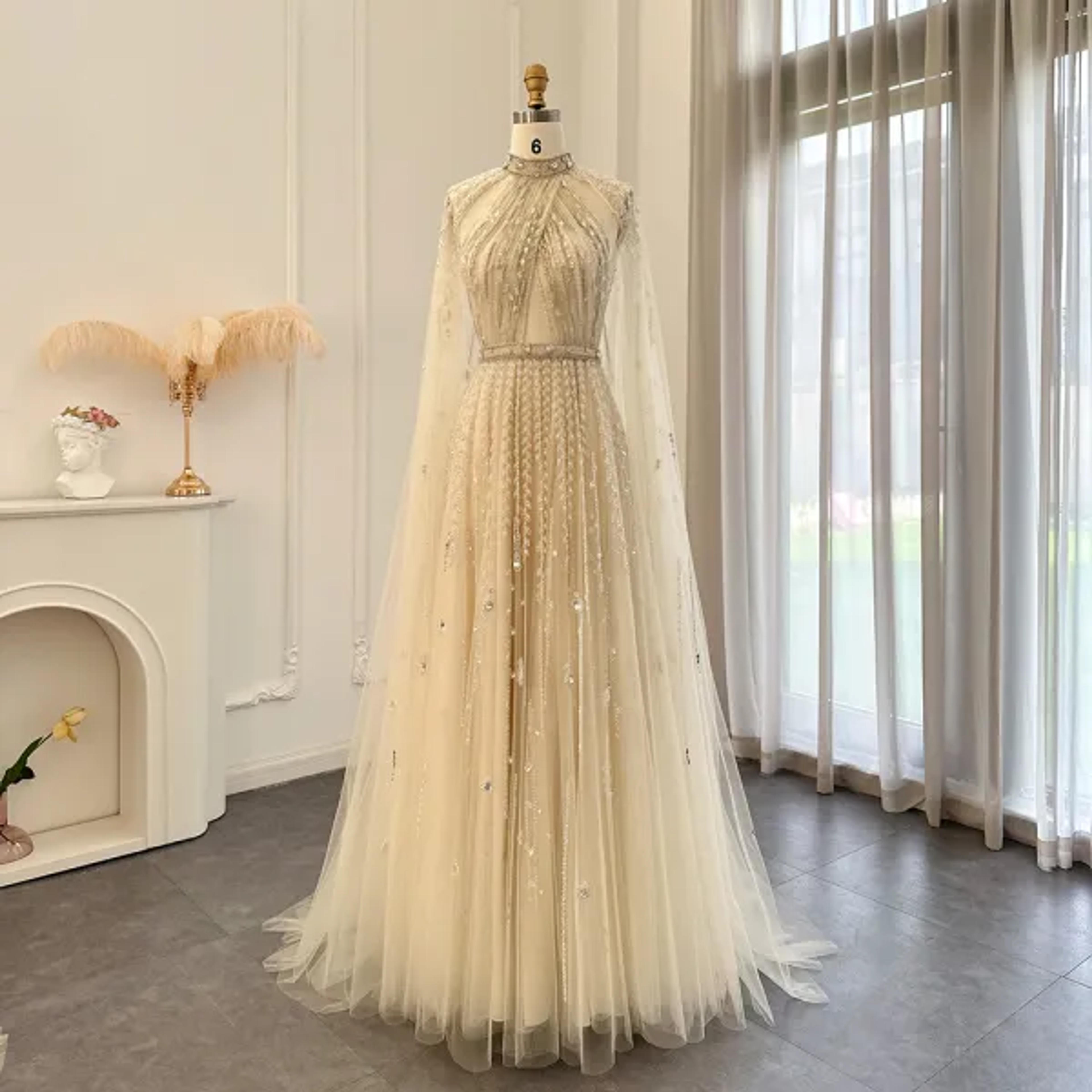 High-end Beige Handmade Beading Sequins Rhinestone Prom Dresses 2024 A-Line / Princess High Neck Sleeveless Floor-Length / Long Prom Formal Dresses