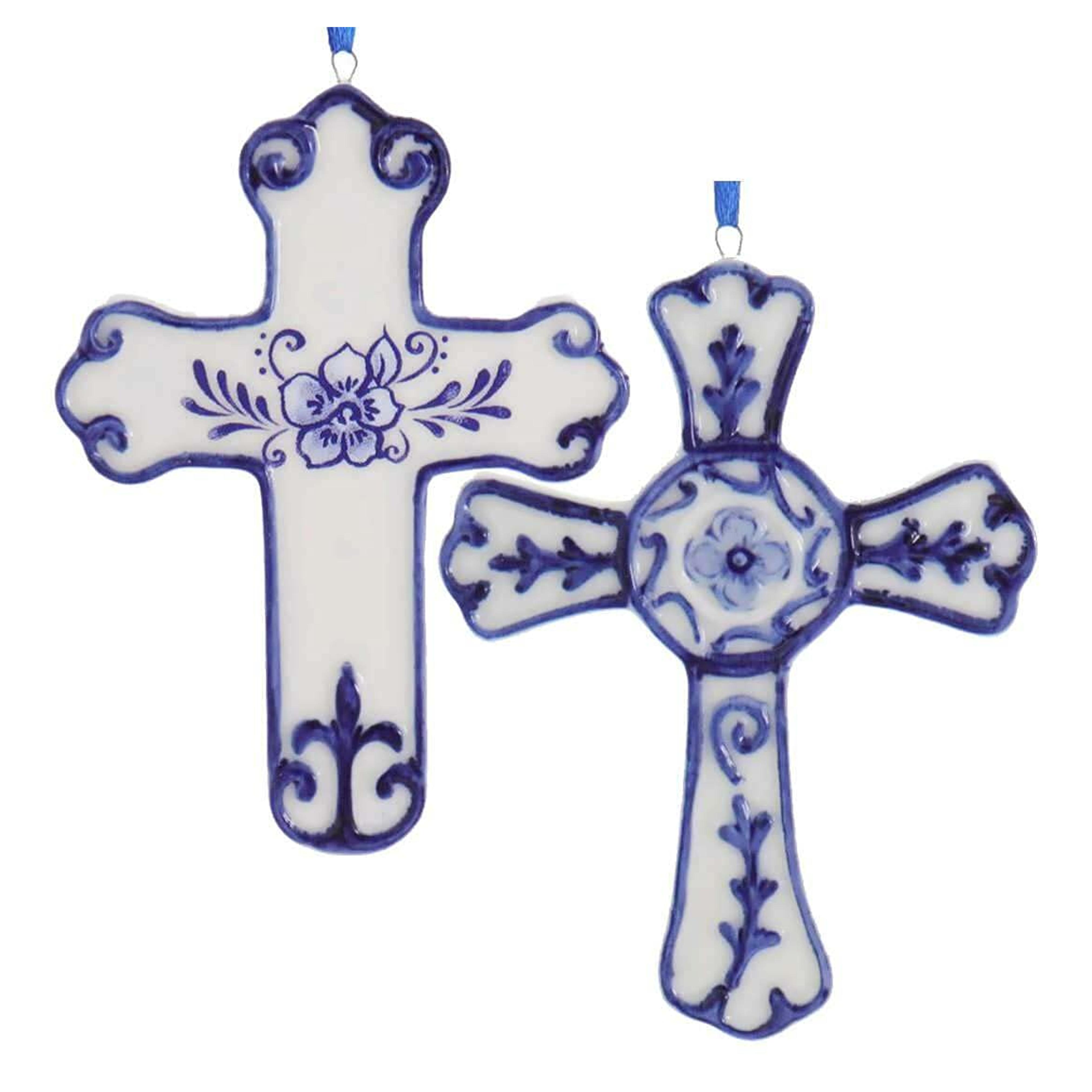 Kurt Adler 4" Porcelain Delft Blue Cross Ornament, Set of 2