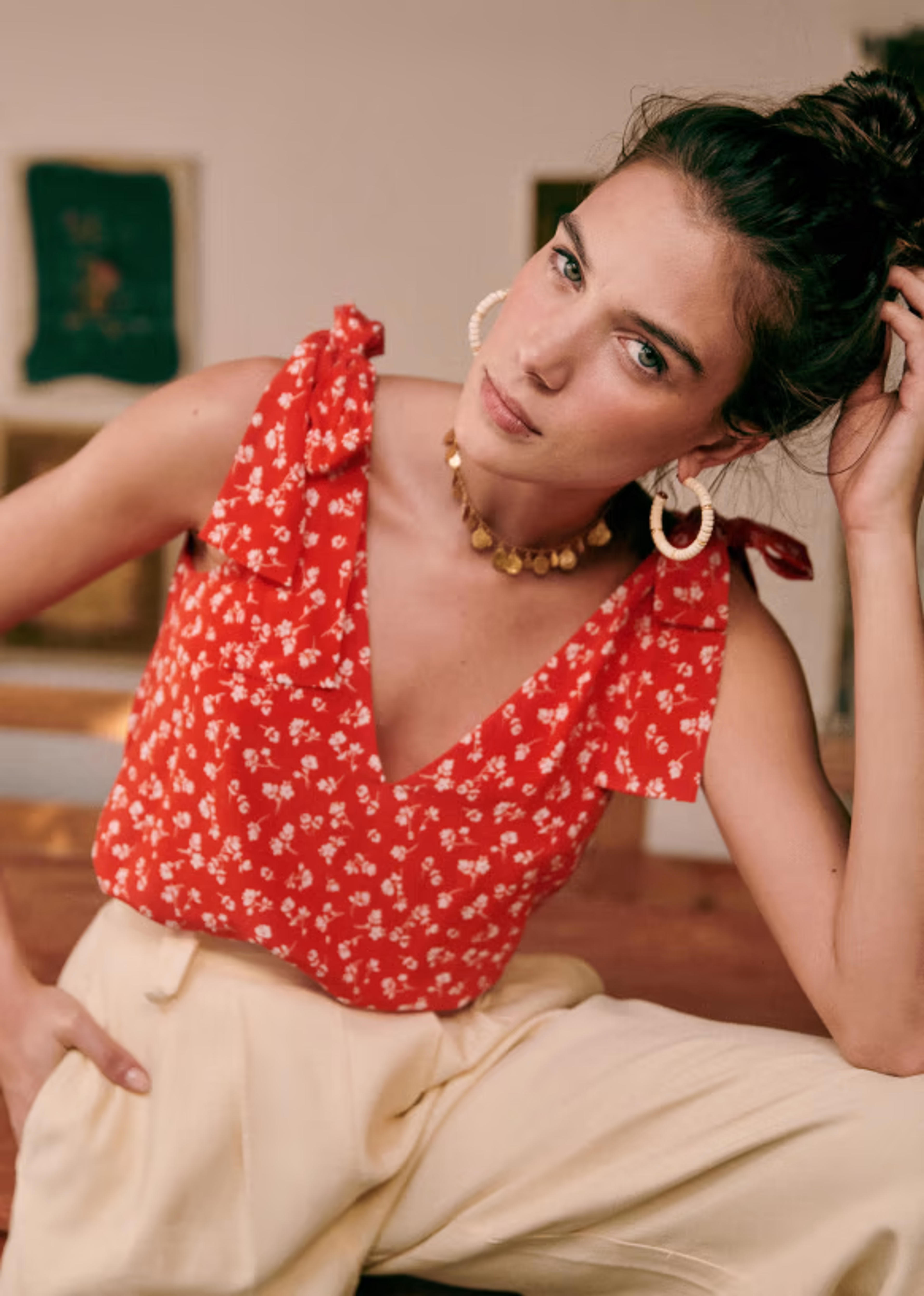 Lara Blouse - Silk coral mini flowers - Silk - Sézane