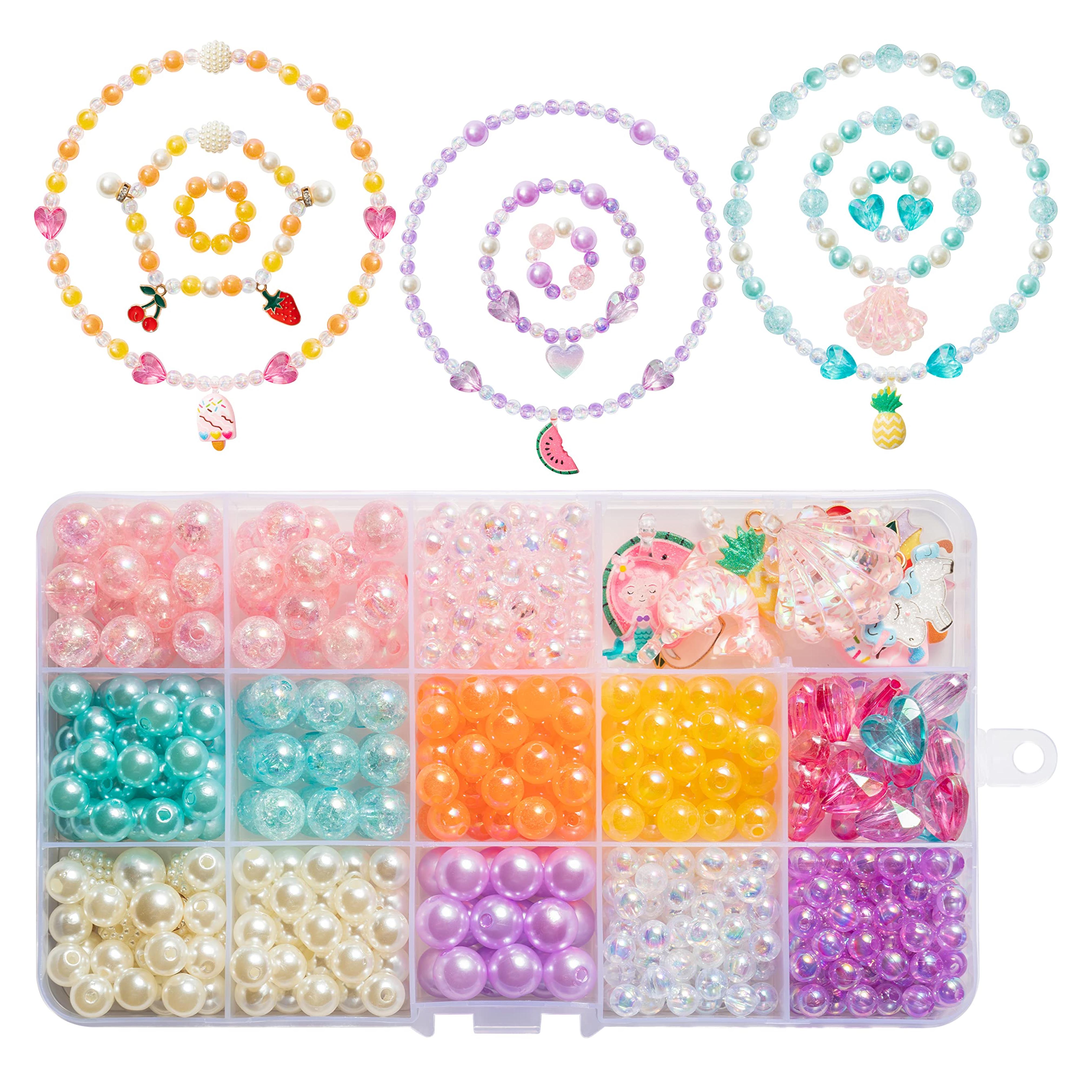 OSNIE Summer DIY Bead Jewelry Making Kit for Kids Girls with Watermelon Pineapple Ice Cream Strawberry Peach Cherry Y2K Beads and Charms for Bracelets Rings Necklaces Creativity Art Crafts, 400Pcs+