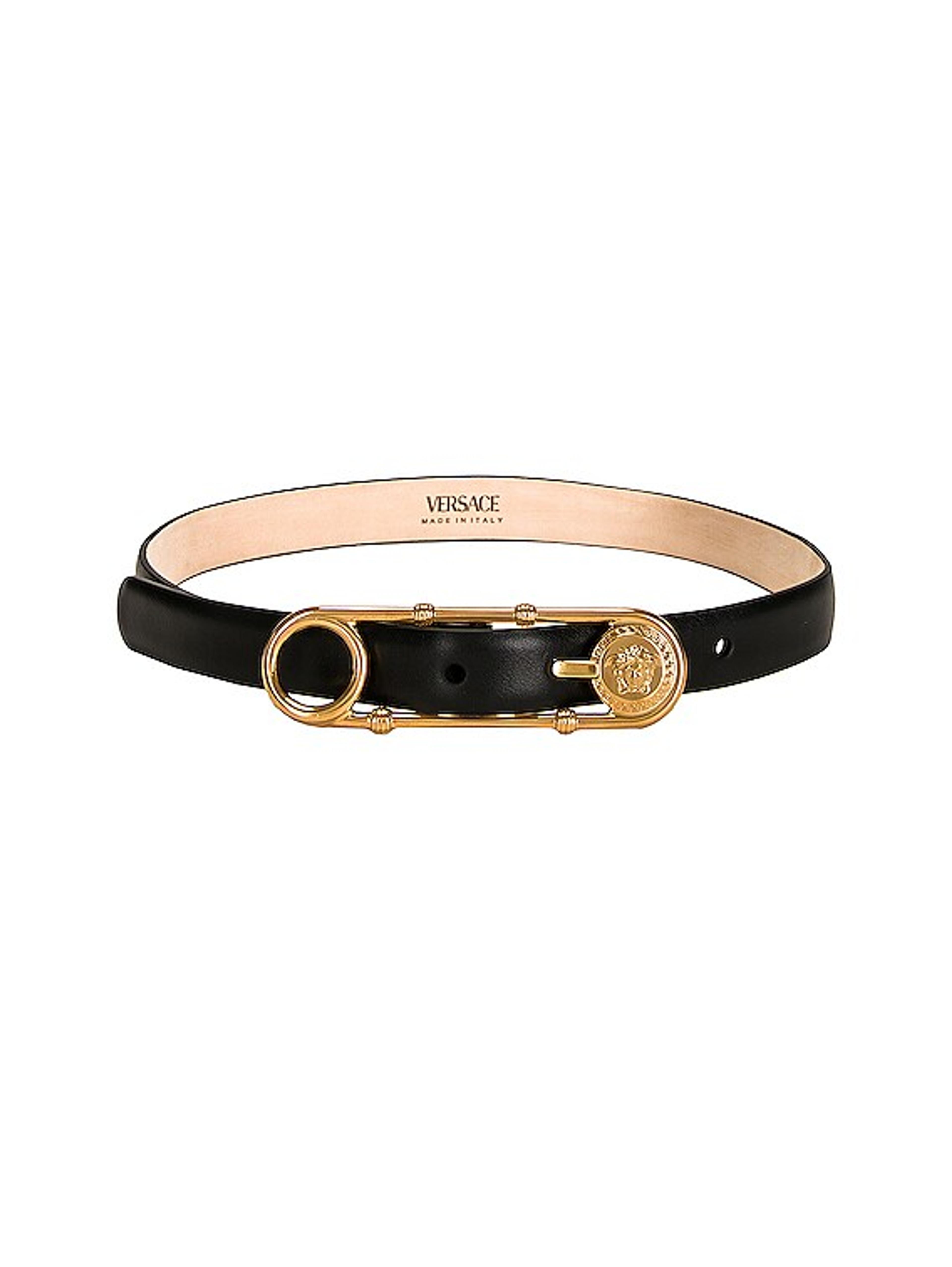 VERSACE Safety Pin Leather Belt in Nero & Oro | FWRD