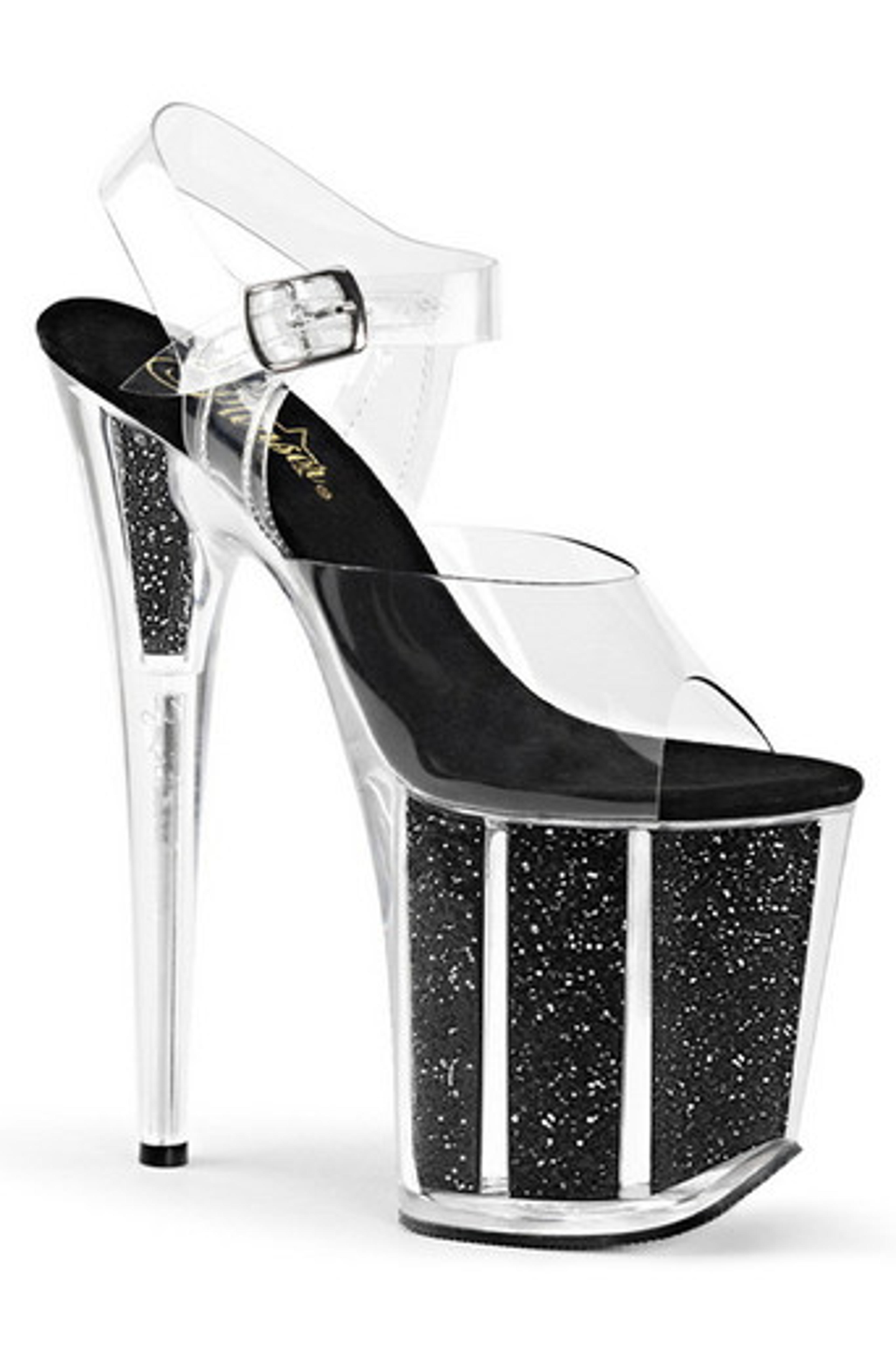 8" Heel Black Glitter Platform Ankle Strap Sandals- Spicy Lingerie