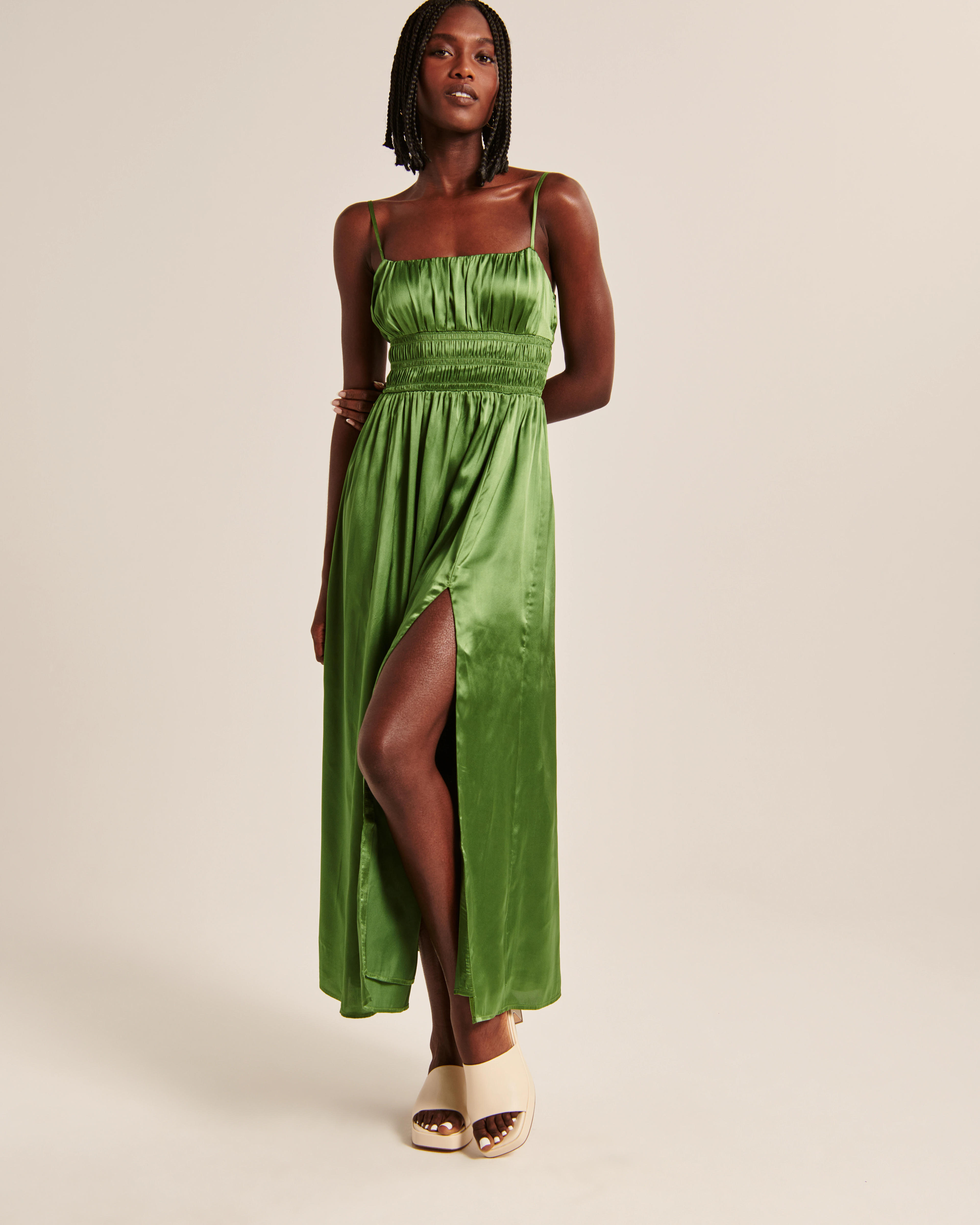 Smocked Bodice Satin Maxi Dress