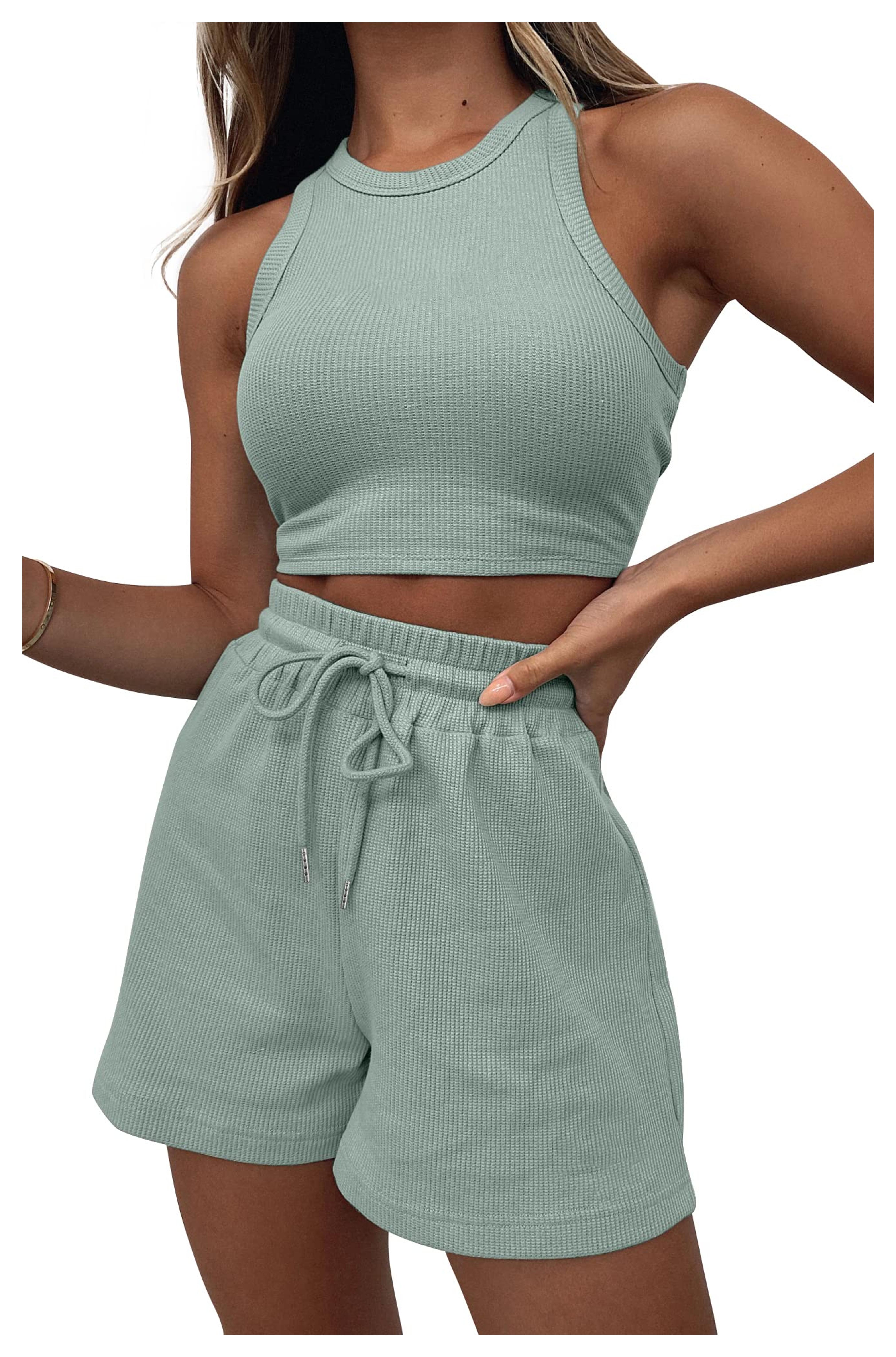 Amazon.com: Lingswallow 2 Piece Women Lounge Sets - Sleeveless Crop Top and Shorts Waffle Lounge Set Tracksuits Sweatsuits for Women : Sports & Outdoors