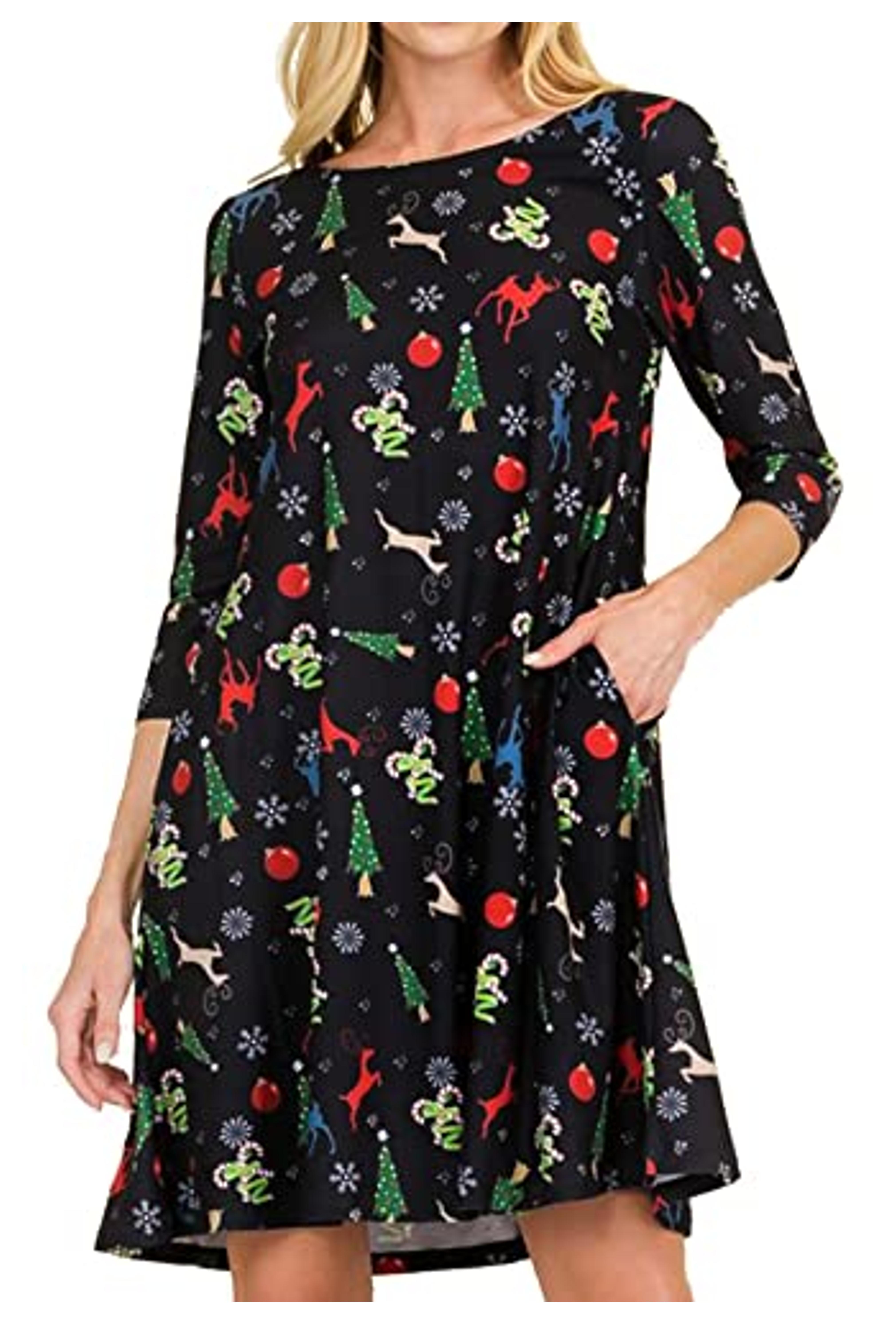 Women’s Printed Crew Neck A-Line Dresses with Pockets Casual Tropical Floral Novelty Animal Christmas Patterns