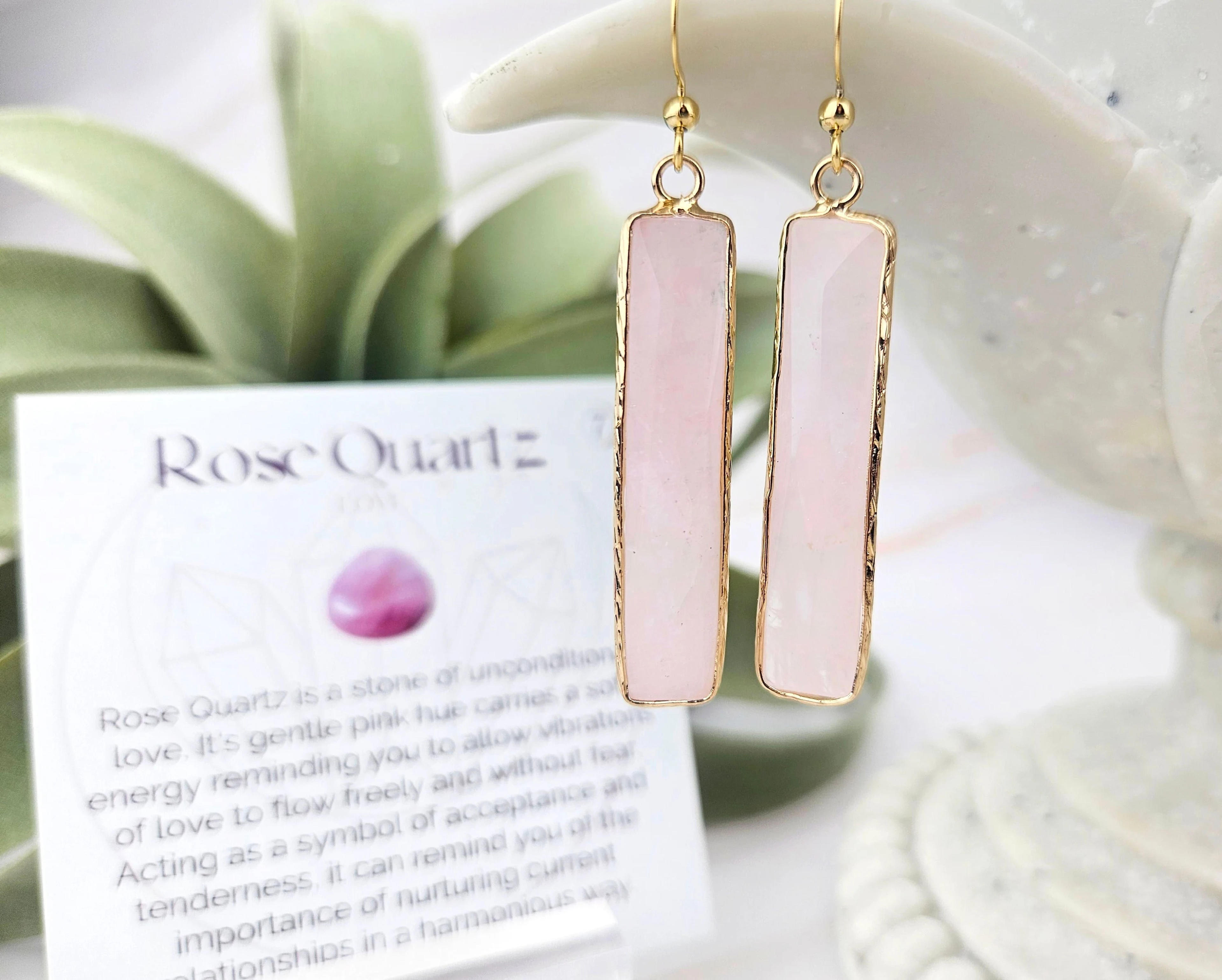 Rose Quartz Earrings - Gemstone Earrings - Crystal Jewelry - Rectangle Bar Earrings - 004