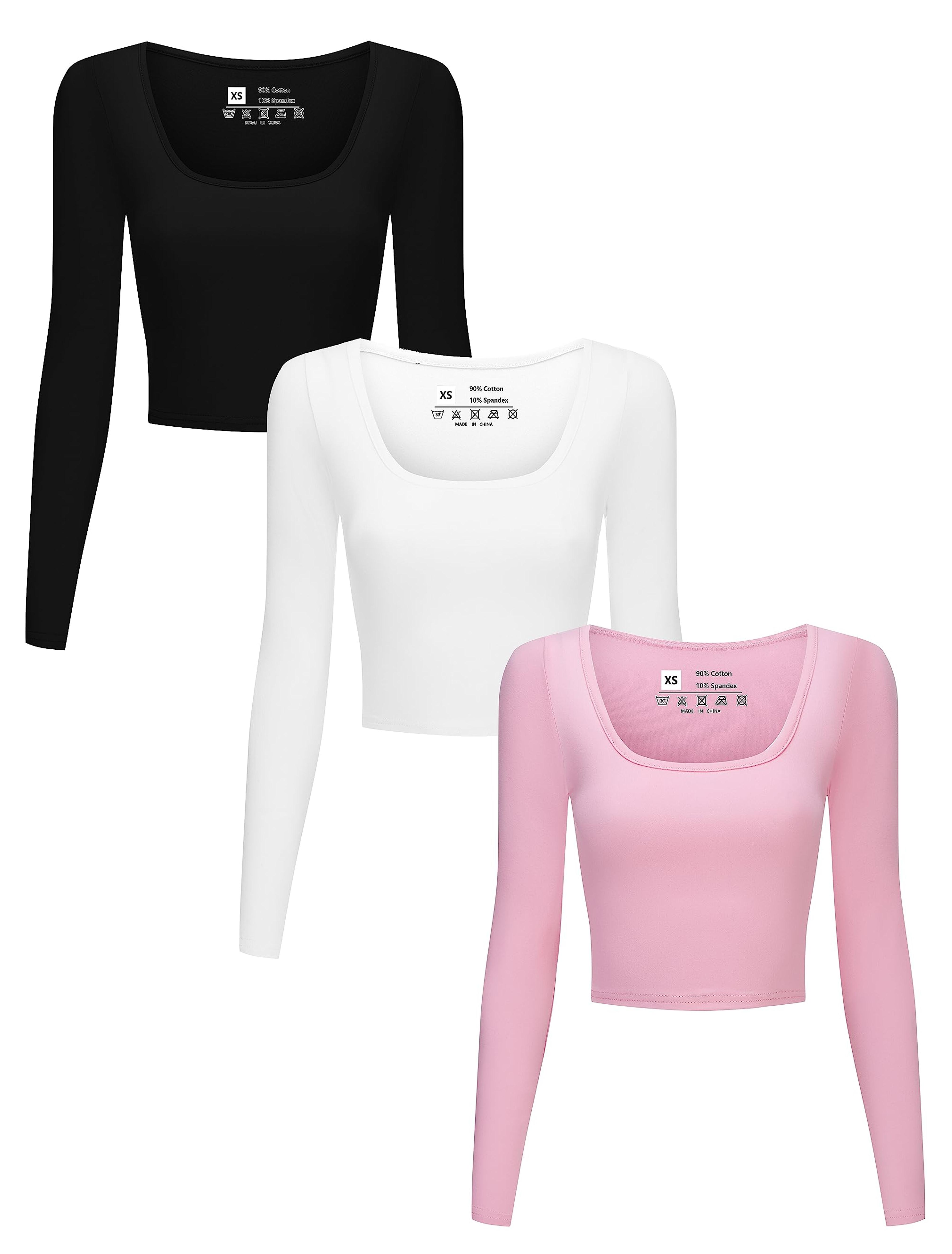 3 Piece Women's Lightweight Long Sleeve Crop Tops Square Neck Cropped Top Set for Women Workout Gym Exercise Yoga