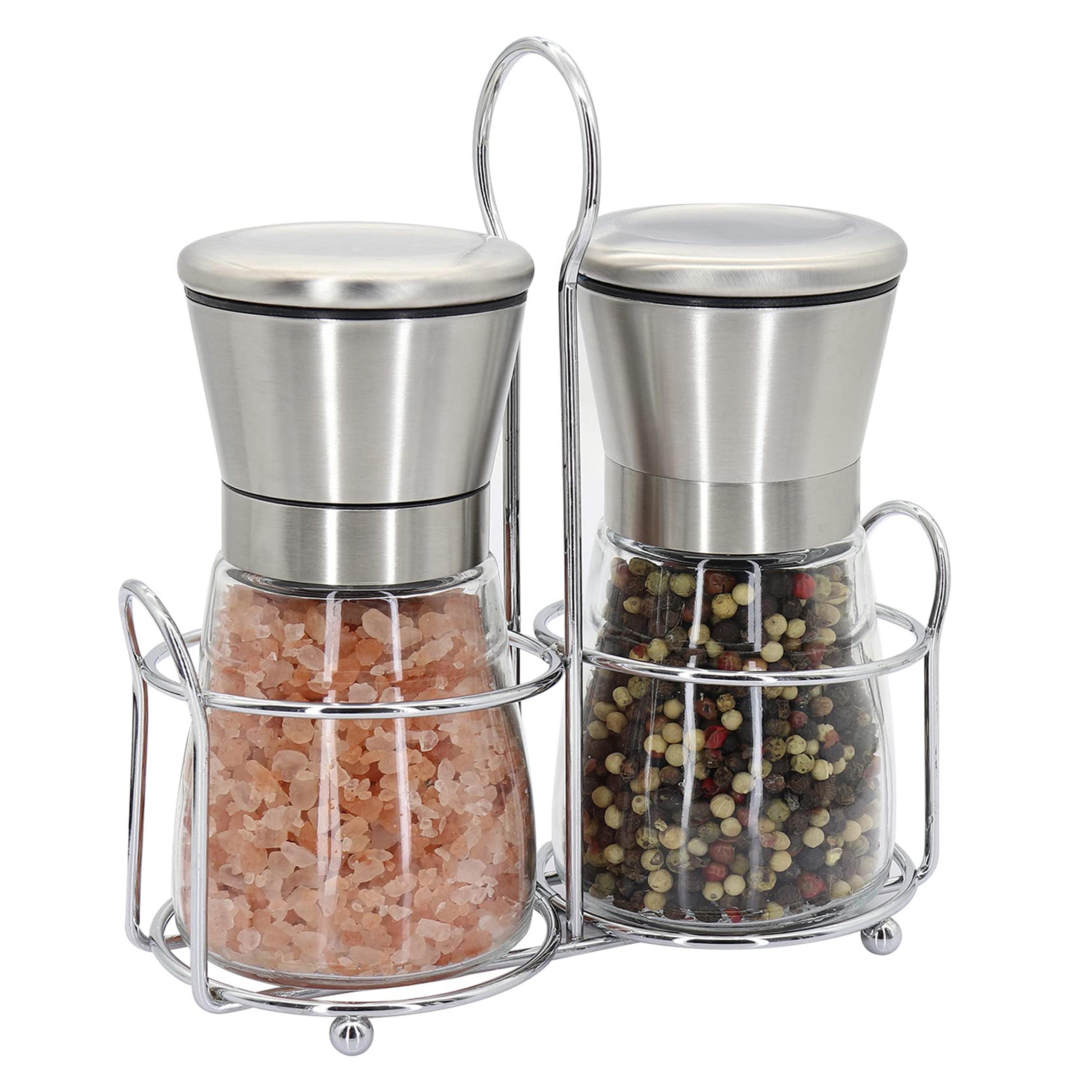 Premium Stainless Steel Salt and Pepper Grinder Set - Short Glass Shaker, Pepper Mill & Salt Mill with Adjustable Coarseness, Refillable for Himalayan or Sea Salt, Black Peppercorn, with Bonus Stand