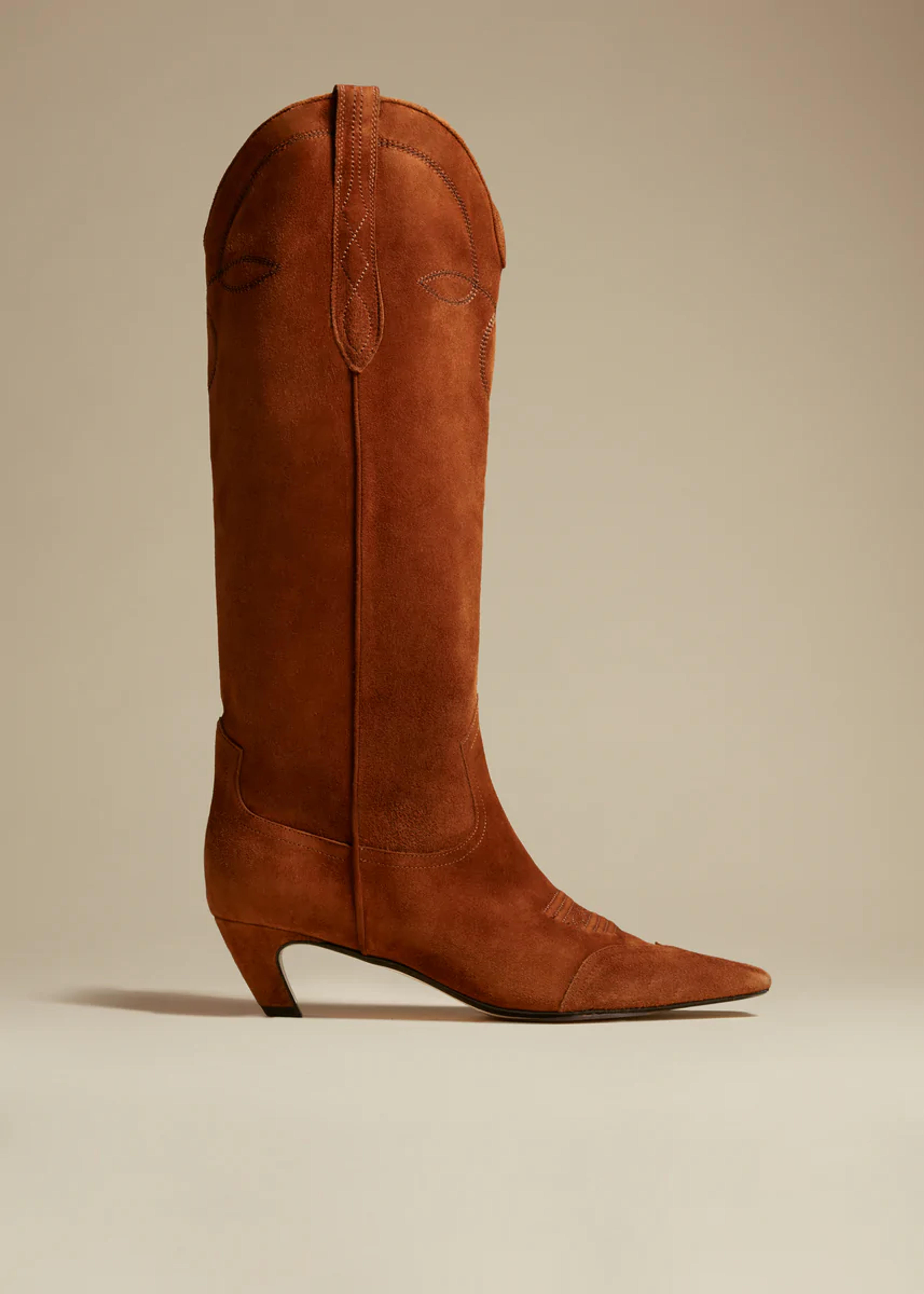 The Dallas Knee High Boot in Caramel Suede– KHAITE