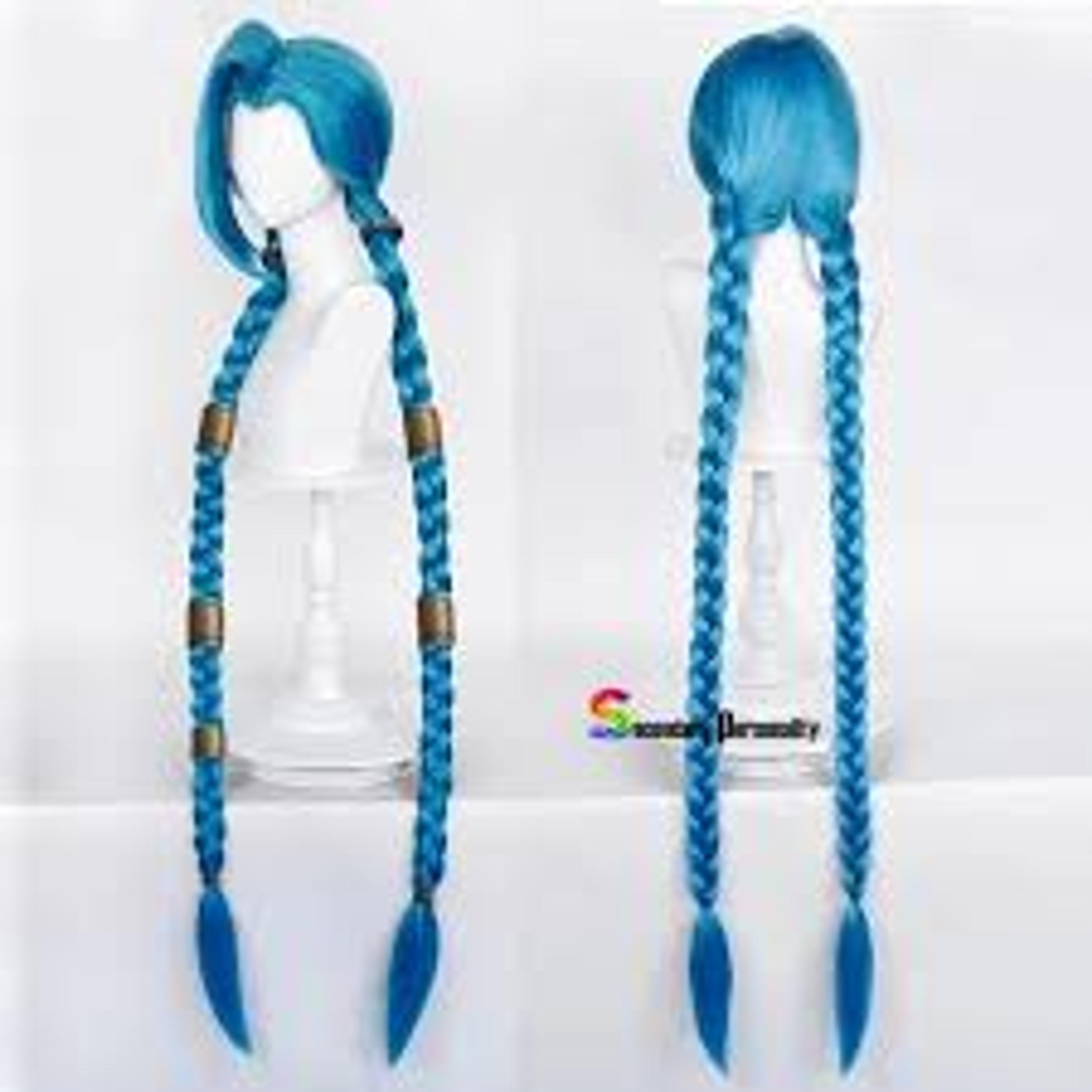 LOL Jinx Cosplay Wig Long Braided Blue The Loose Cannon Wig with Blue Braid Heat Resistant Synthetic Hair Wigs + Wig Cap