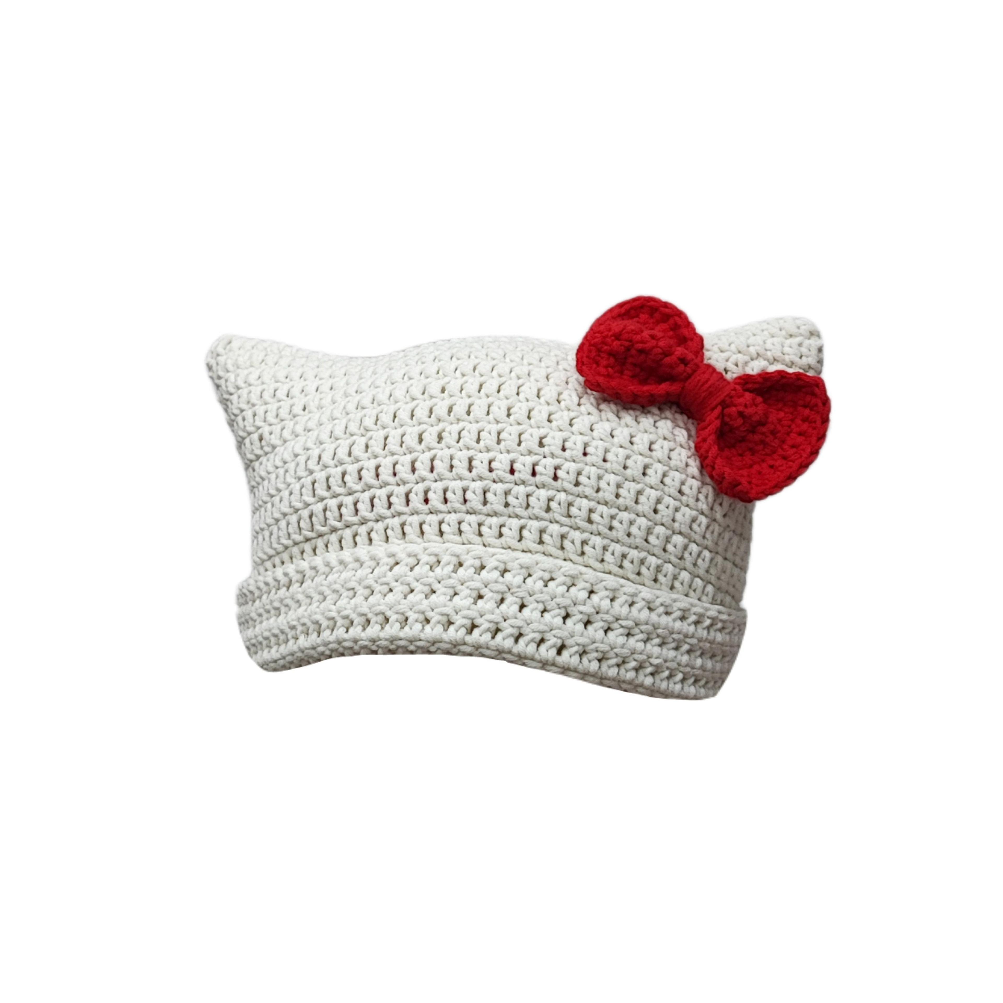 Bow Cat Beanie, White Cat Beanie With Red Bow, Kitty Beanie. Cat Ear Beanie Crochet, Cute Cat Hat Knit