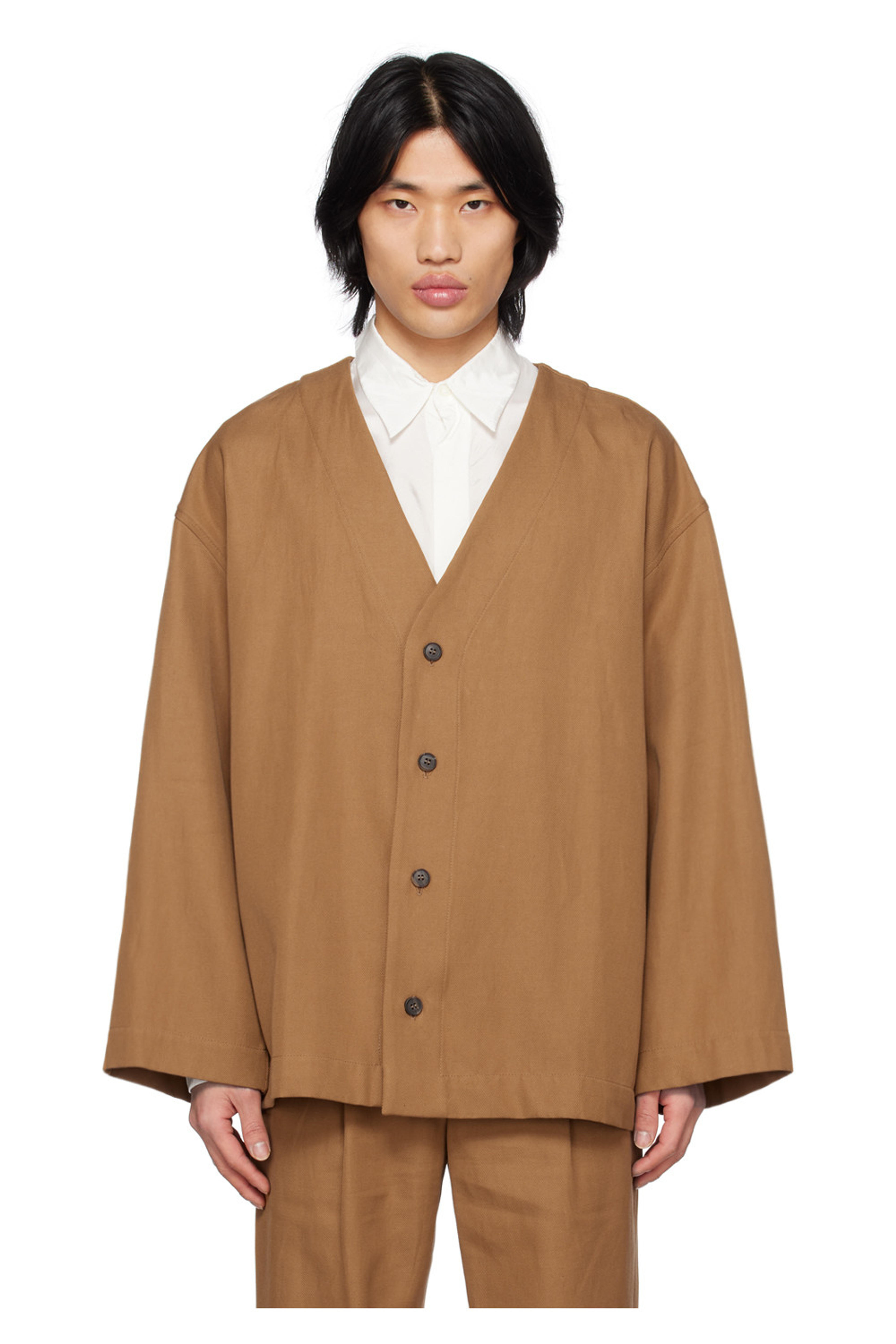 King & Tuckfield: Tan Y-Neck Shirt | SSENSE UK