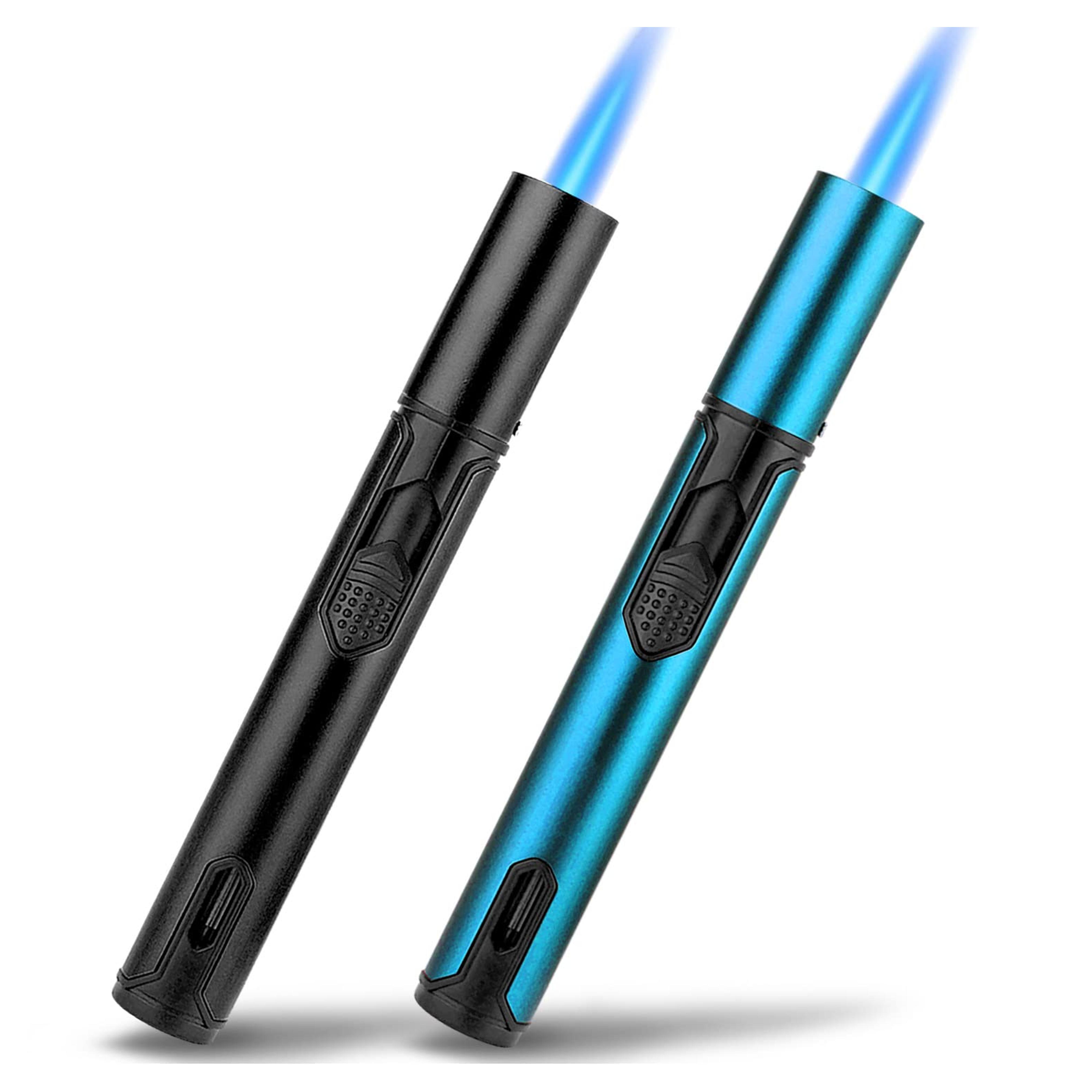 Haillai 2 Pack Butane Lighter, 6.0 inch Torch Lighter with Visible Gas Window, Refillable Pen Lighter Jet Flame for Grill Candle Kitchen Fireplace Camping BBQ, Black & Blue(Sold Without Gas)