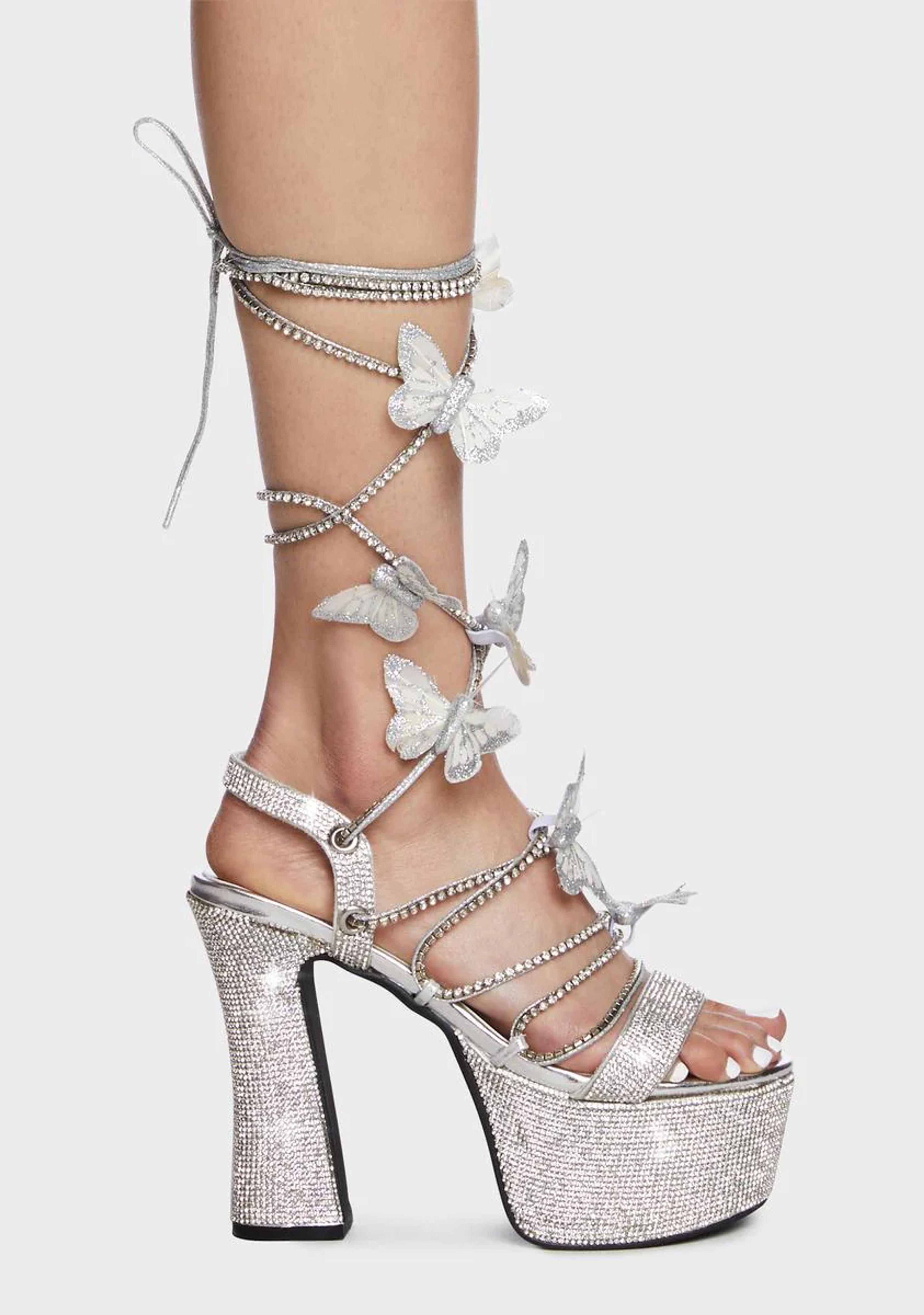 Poster Grl Lace Up Butterfly Platform Heels Rhinestone Diamond Silver