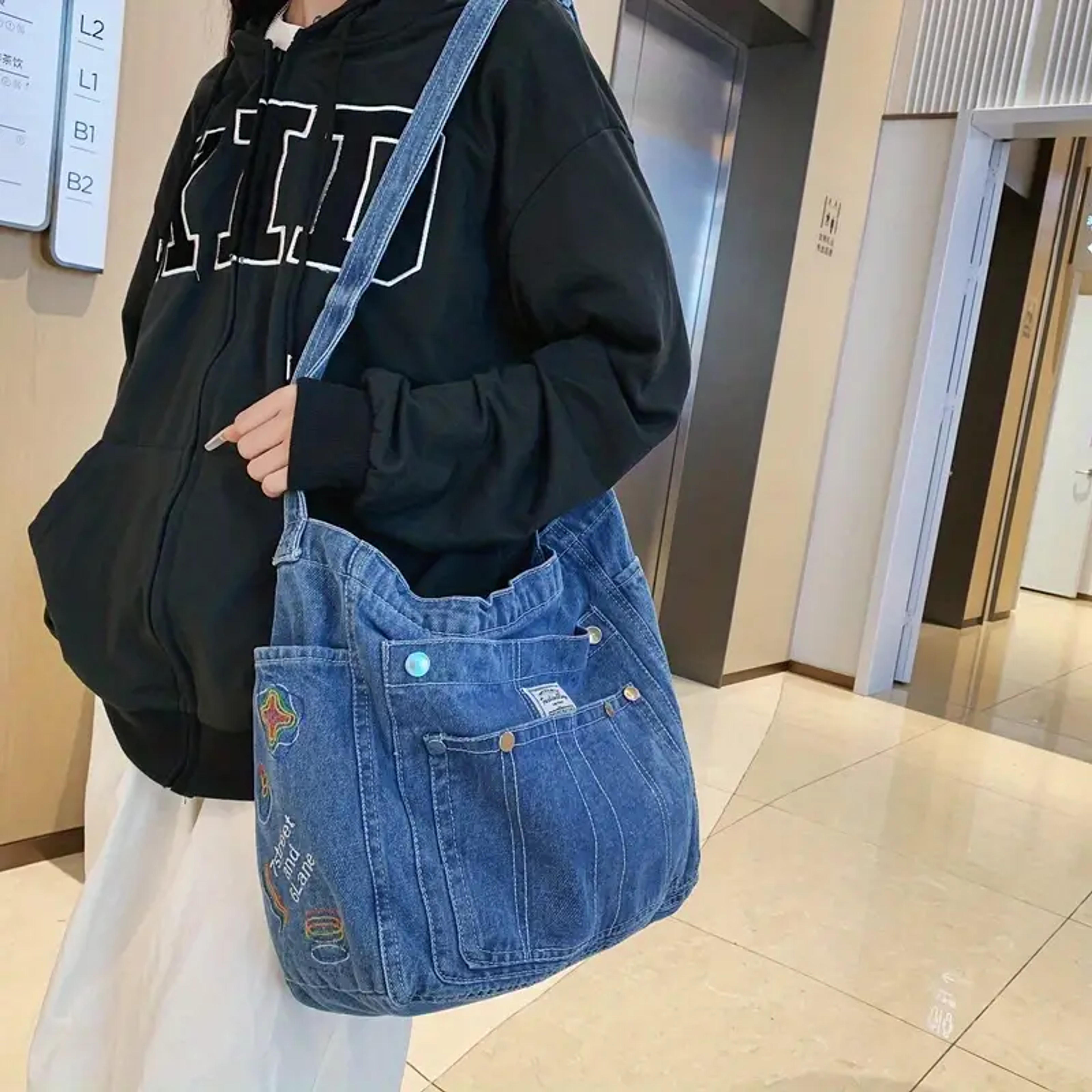 High Quality Large Capacity Hobo Tote Bag, Denim Durable Lightweight Shoulder Bag, Casual Practical Commuter Bag - Temu