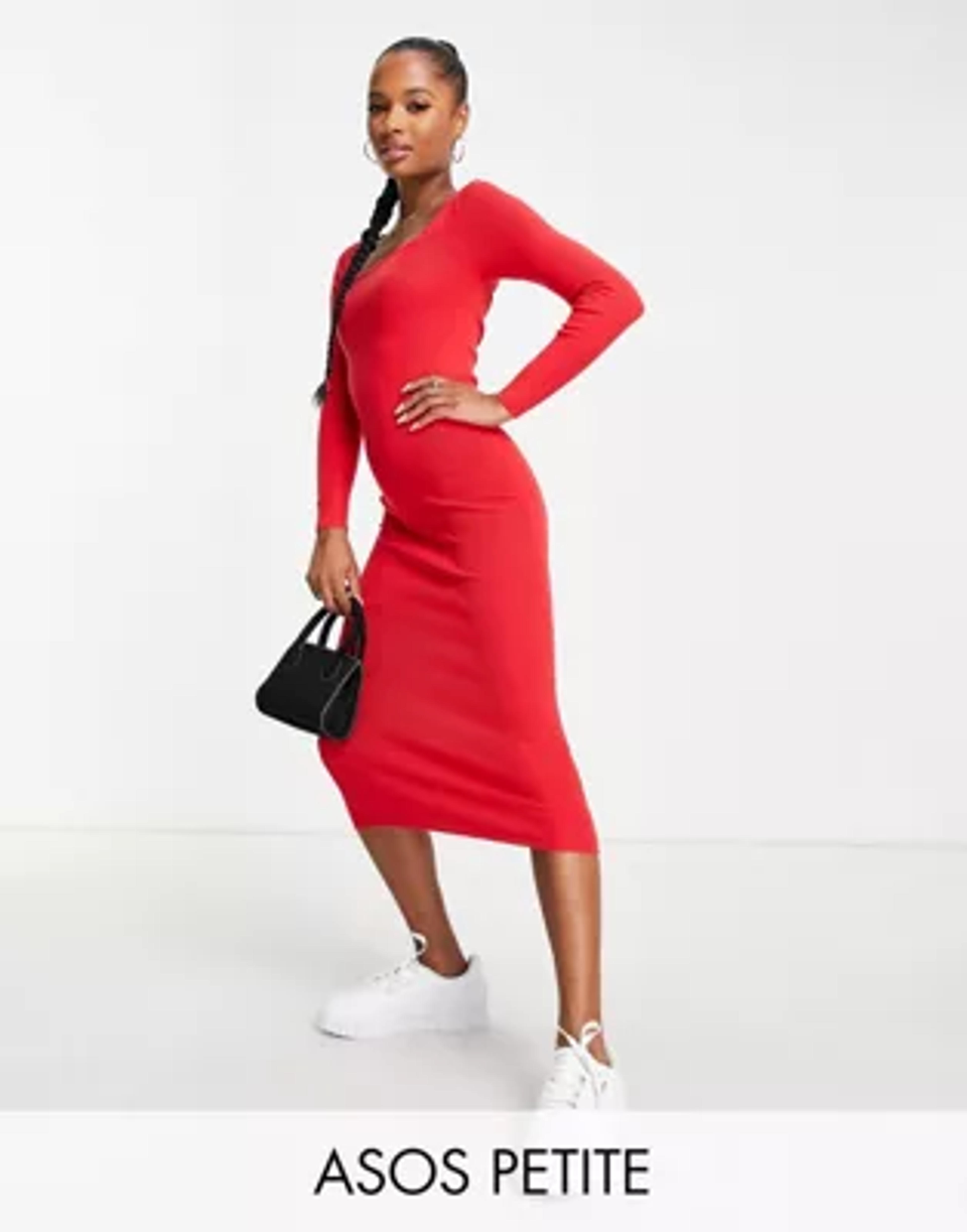 ASOS DESIGN Petite knitted midi dress with open back and ruched detail in red | ASOS