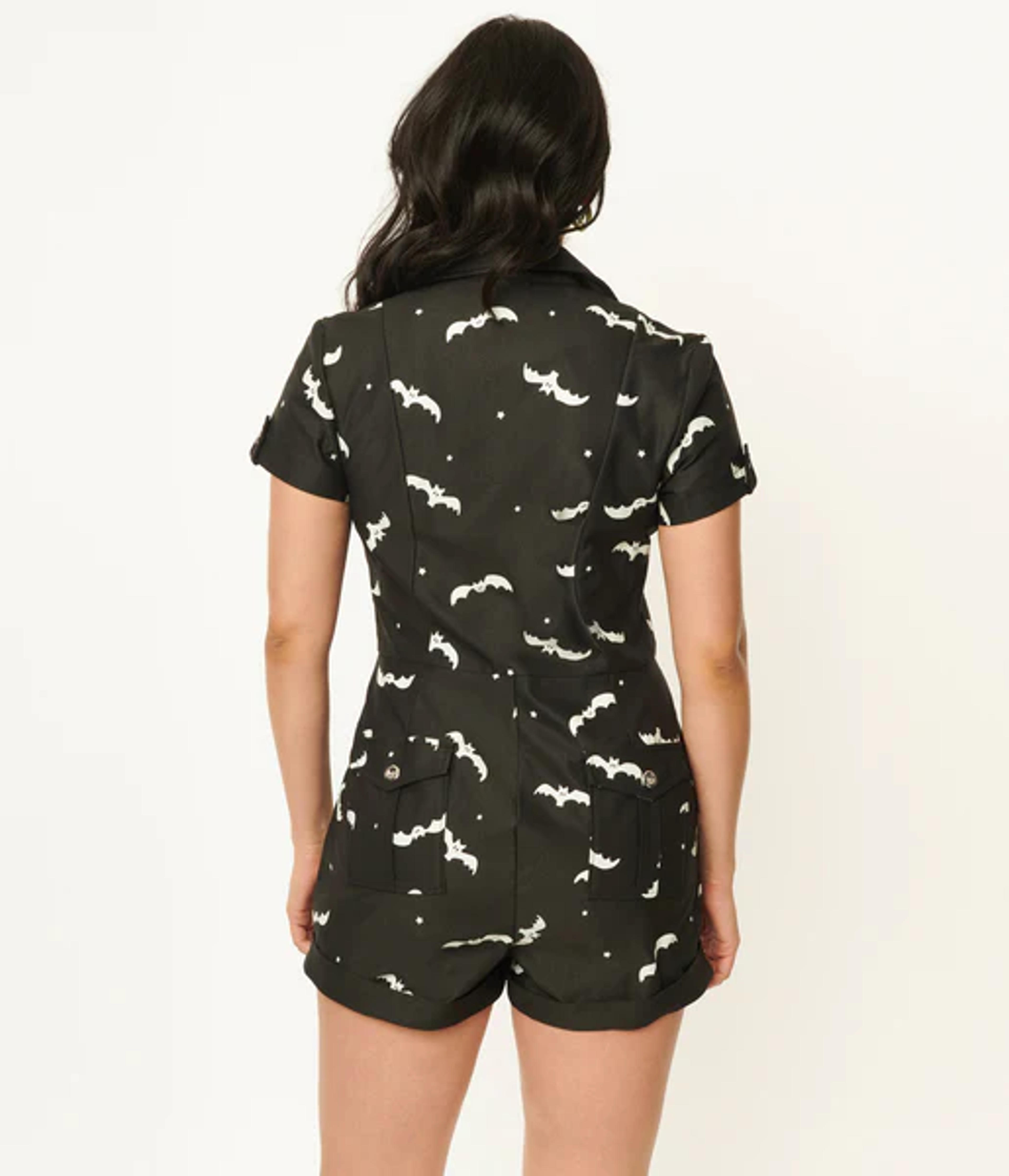 Unique Vintage Black & Glow In The Dark Bat Print Mia Romper