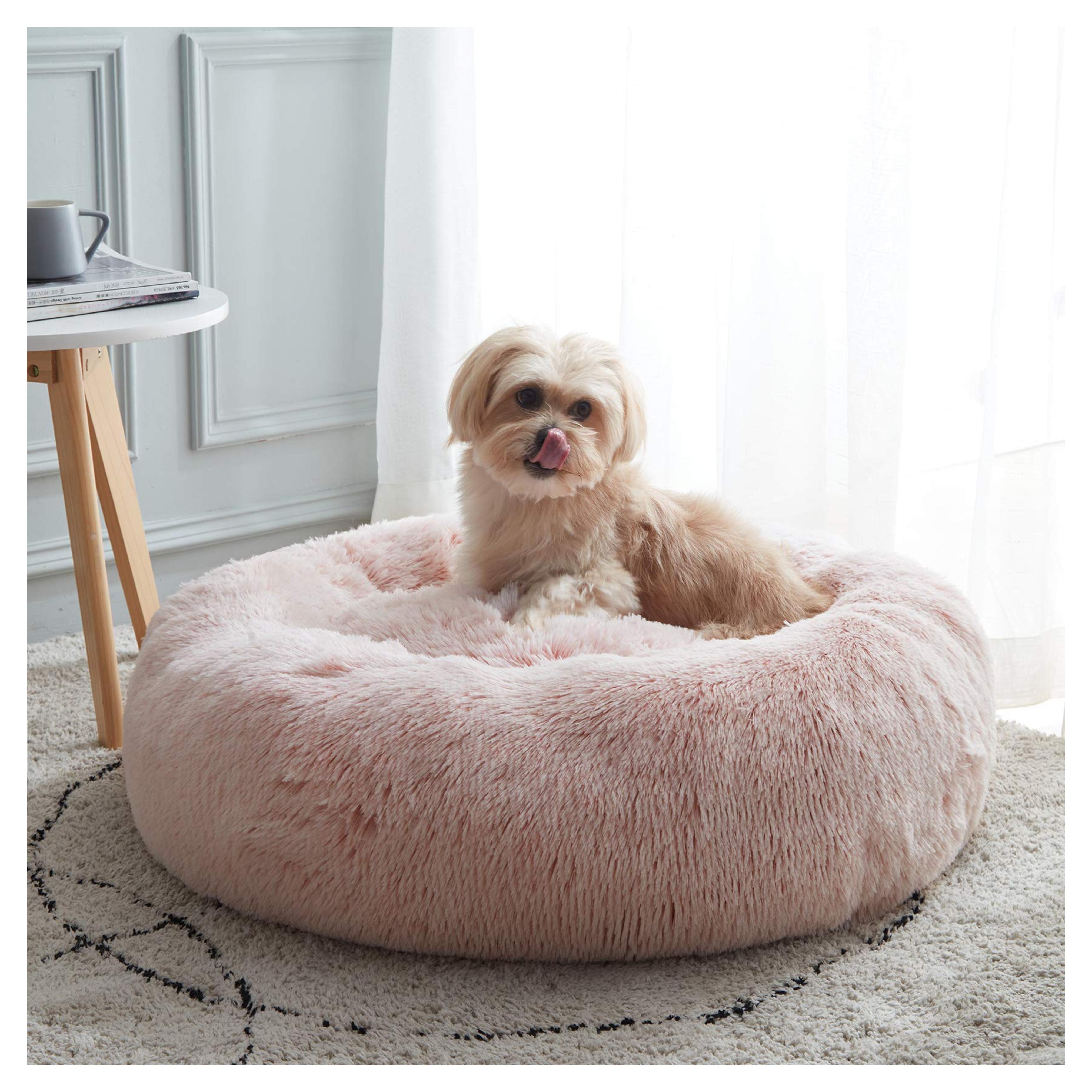 Calming Dog Bed & Cat Bed, Anti-Anxiety Donut Dog Cuddler Bed, Warming Cozy Soft Dog Round Bed, Fluffy Faux Fur Plush Dog Cat Cushion Bed for Small Medium Dogs and Cats (20"/24"/27"/30")