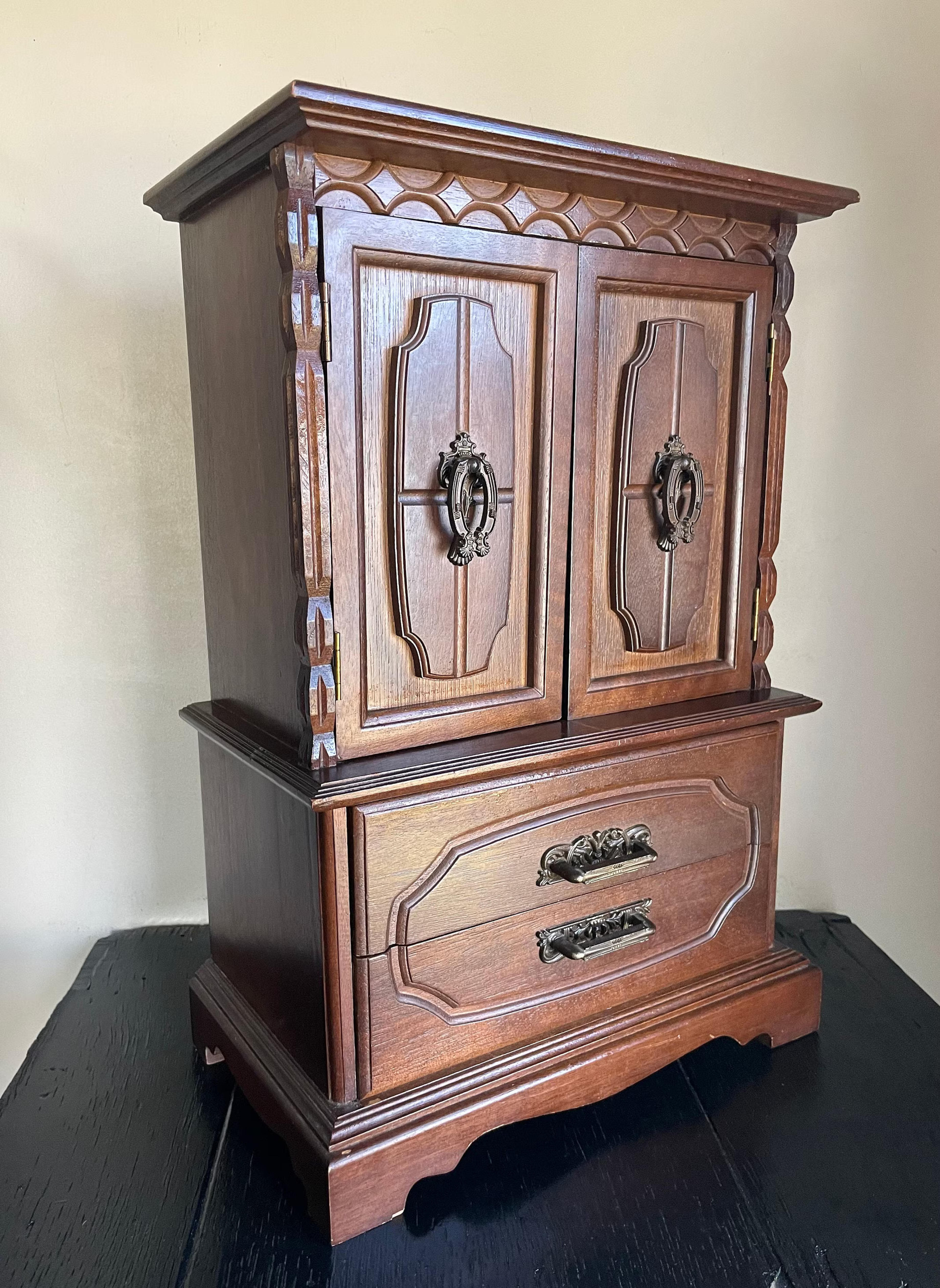 Vintage Wooden Footed Wood Armoire Brass Handles Ornate Trinket Jewelry Box Dresser Cabinet Drawers Yellow Velvet Tall Miniature Antique - Etsy