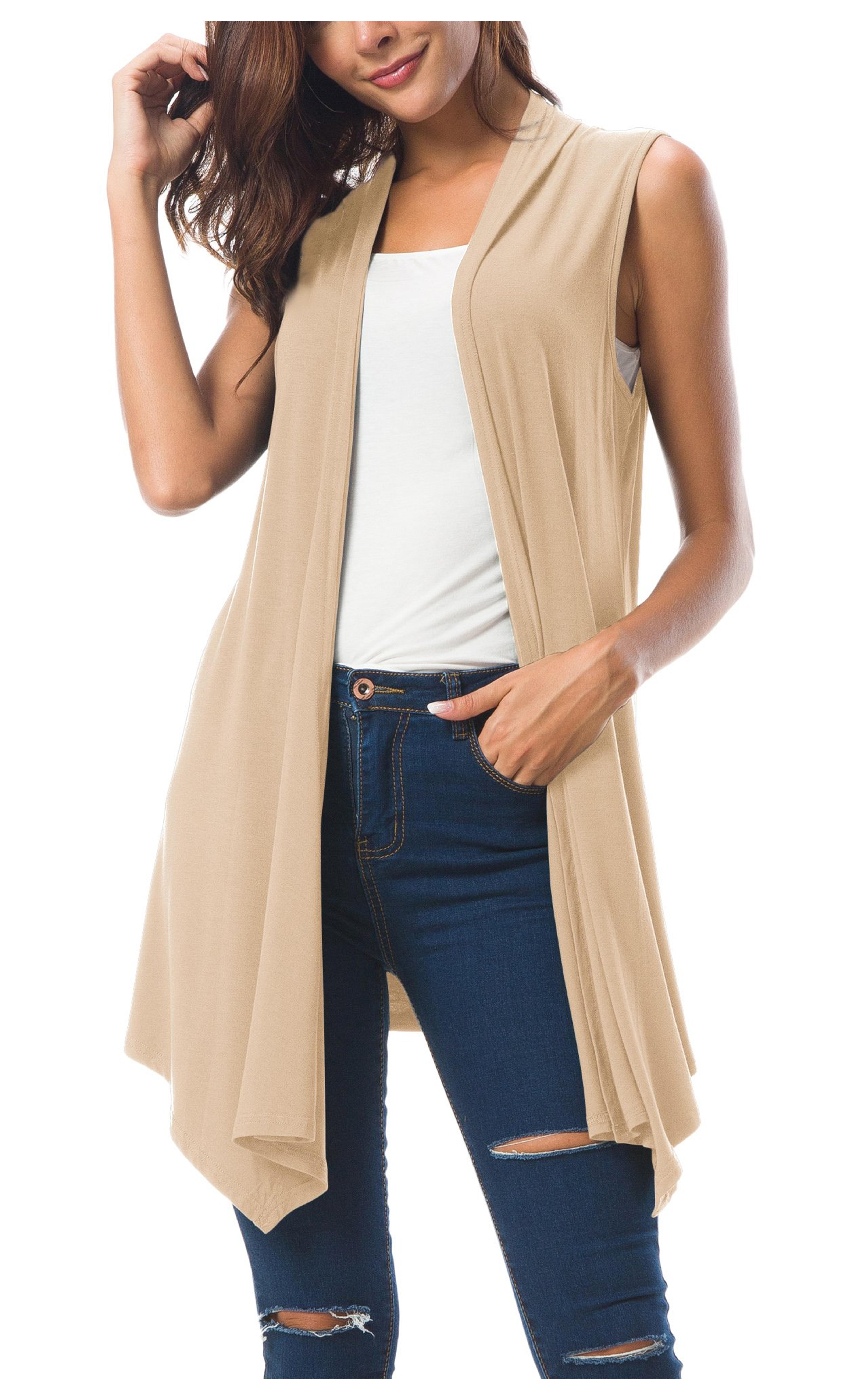 Women's Sleeveless Draped Open Front Cardigan Vest Asymmetric Hem (M, Apricot)