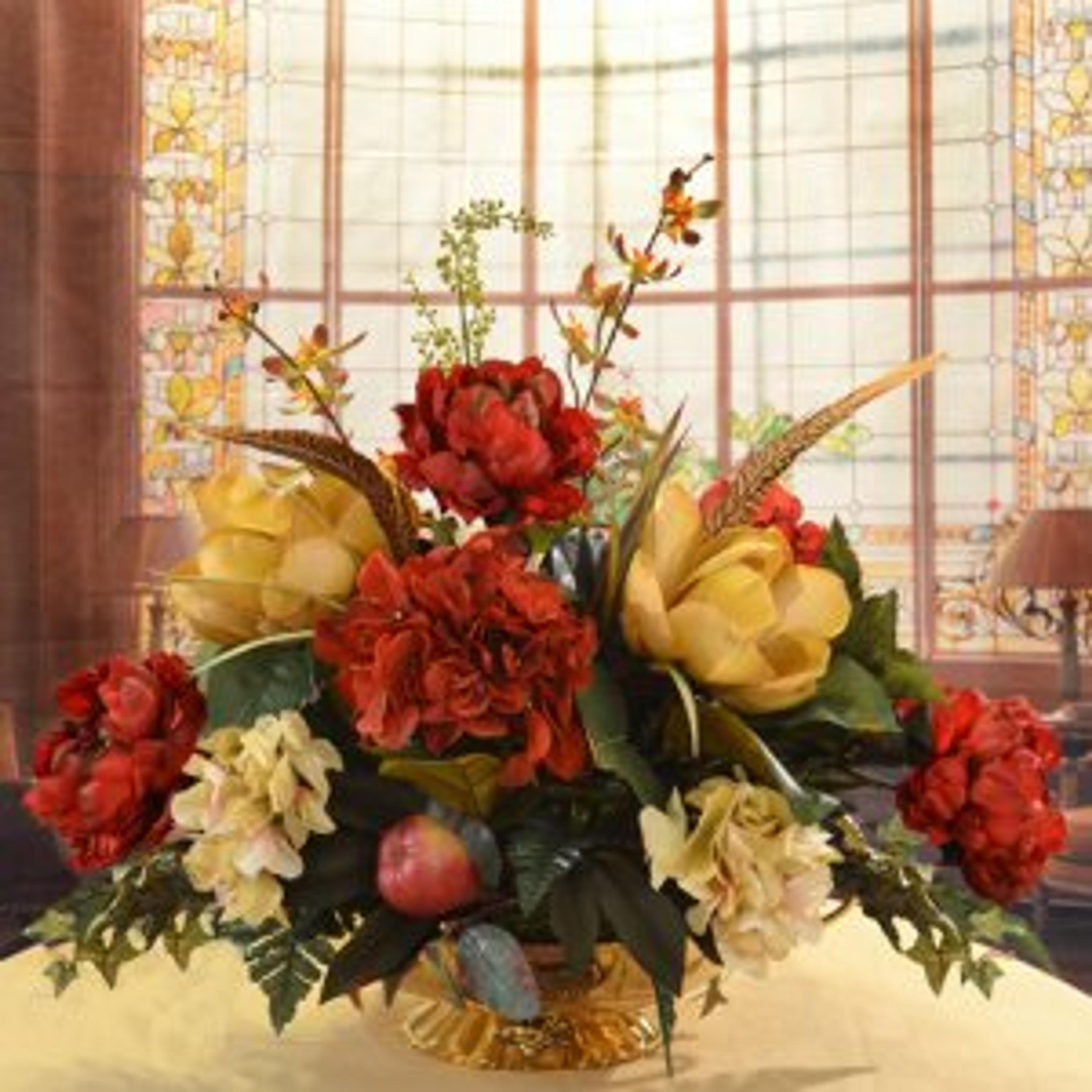 Burgundy and gold Silk Magnolia Centerpiece AR341 : Floral Home Decor, silk rose arrangements, tulip floral arrangements, magnolia silk flower arrangements, tropical arrangements, tropical silk flower arrangements, peony arrangement, sunflower arrangements