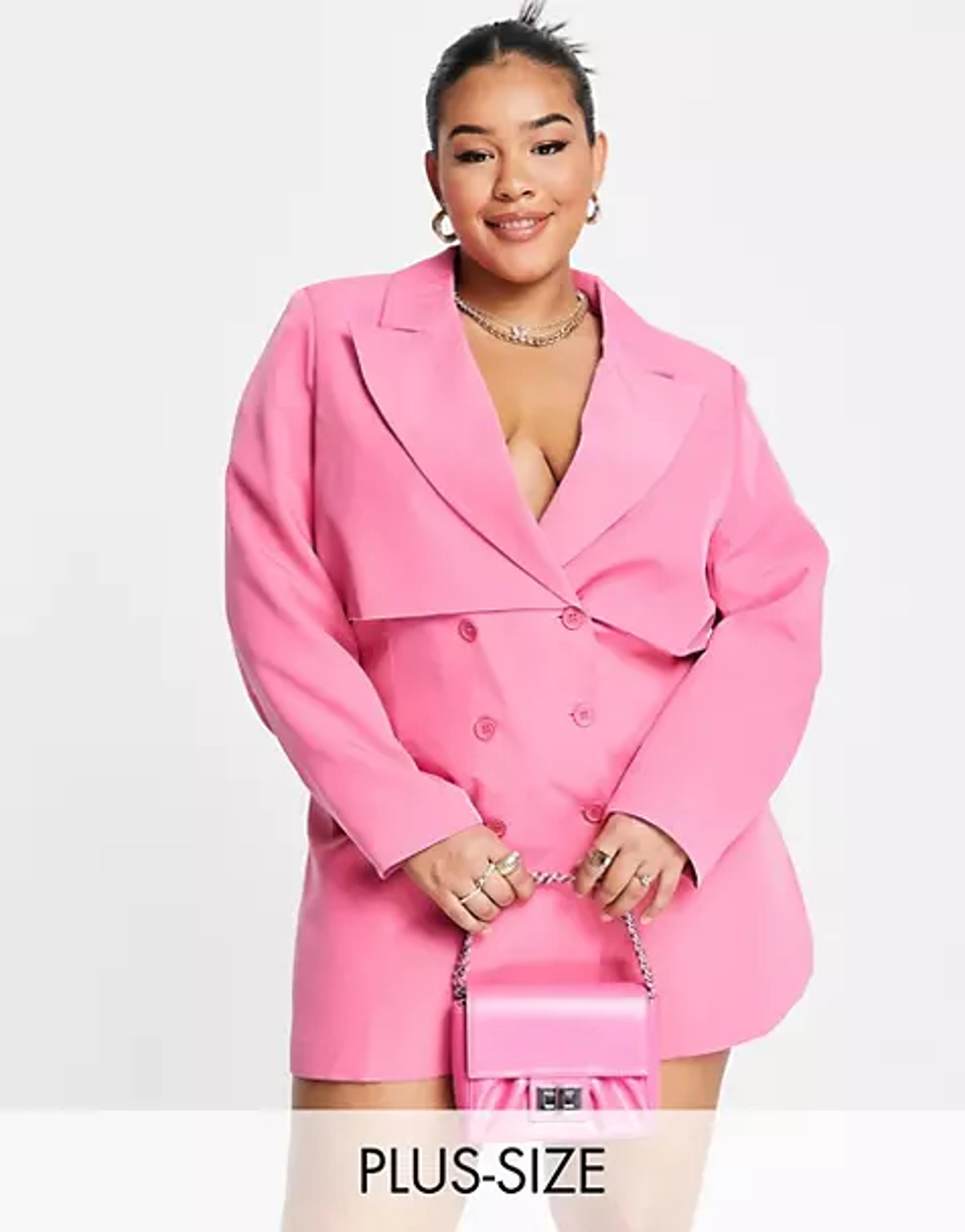 Extro & Vert double breasted mini blazer dress with overlay in hot pink | ASOS