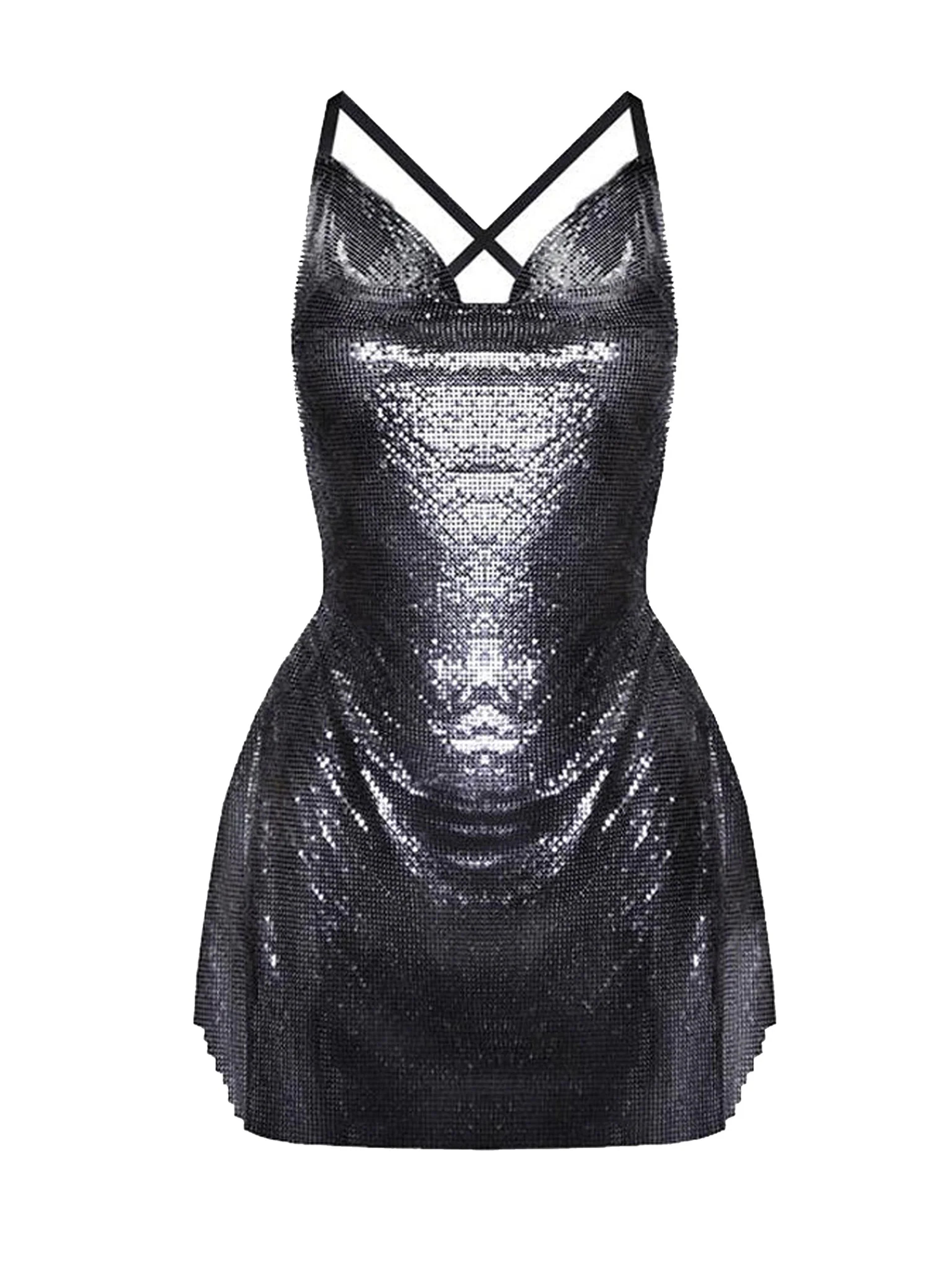 Calypso Cowl Neck Chainmail Mini Dress Black | POSTER GIRL