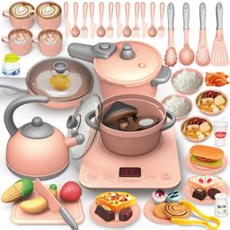 61 Pcs Kid Play Kitchen Accessories Set Toy for Toddler 1-3,Pretend Food Cooking Kitchen Playset Toys with Induction Cooktop ,Pots Pans ,Cutting Play Food ,Christmas Birthday Gift for Girls Age 4-8