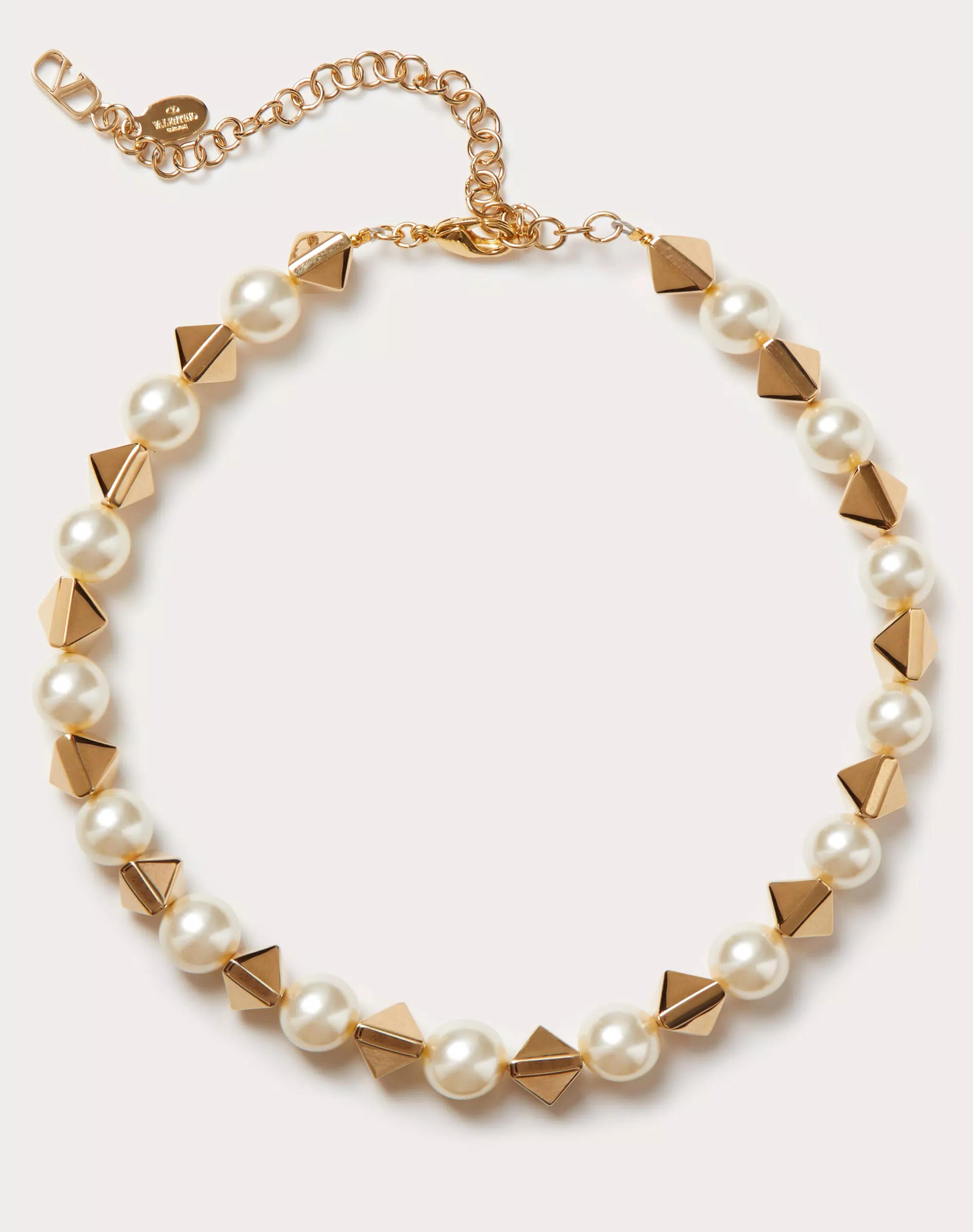 Rockstud Metal And Swarovski® Pearl Necklace for Woman in Gold | Valentino US