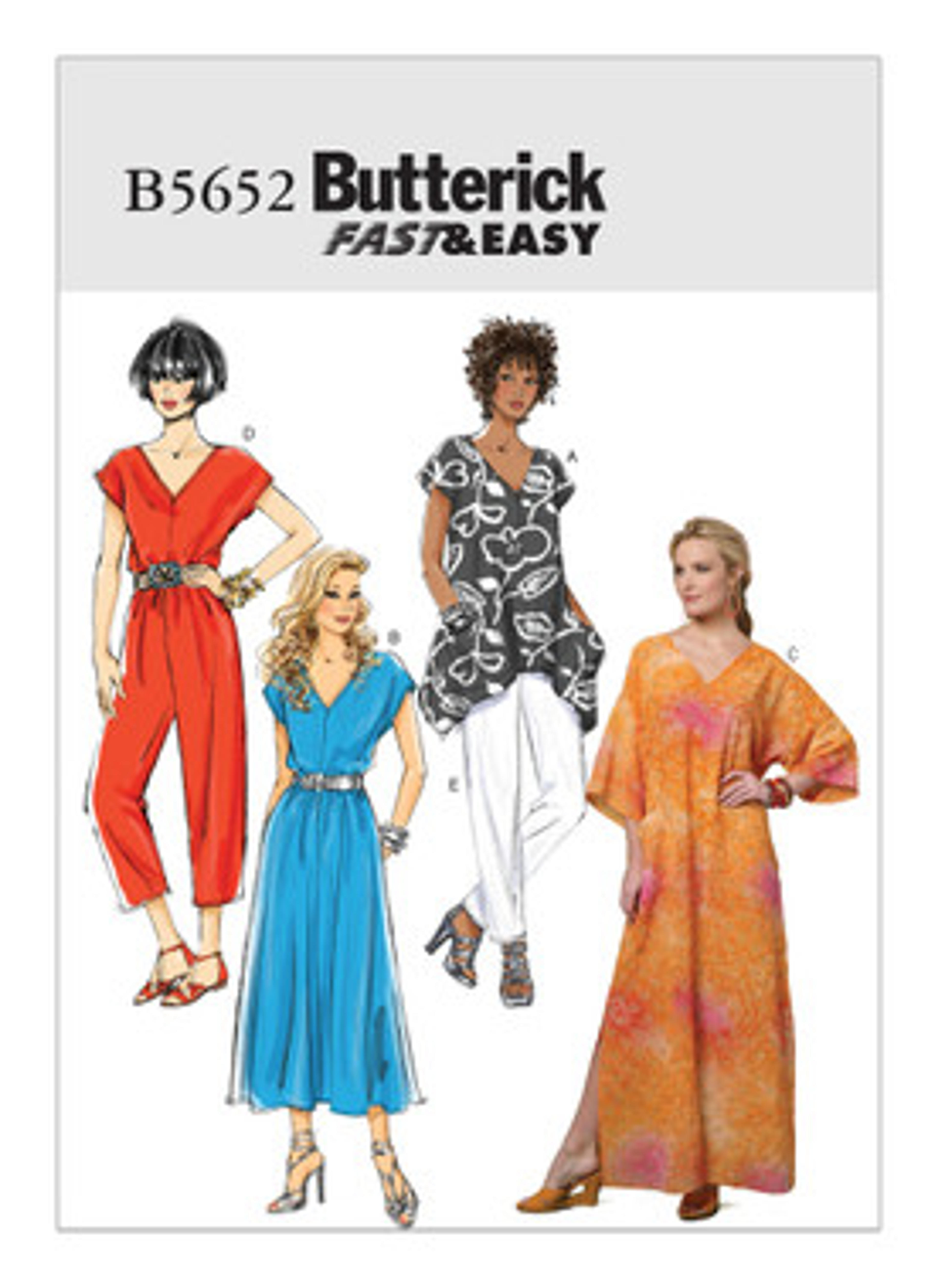 B5652 | Misses' V-Neck Top, Dress, Caftan, Jumpsuit and Pants | Butterick Patterns