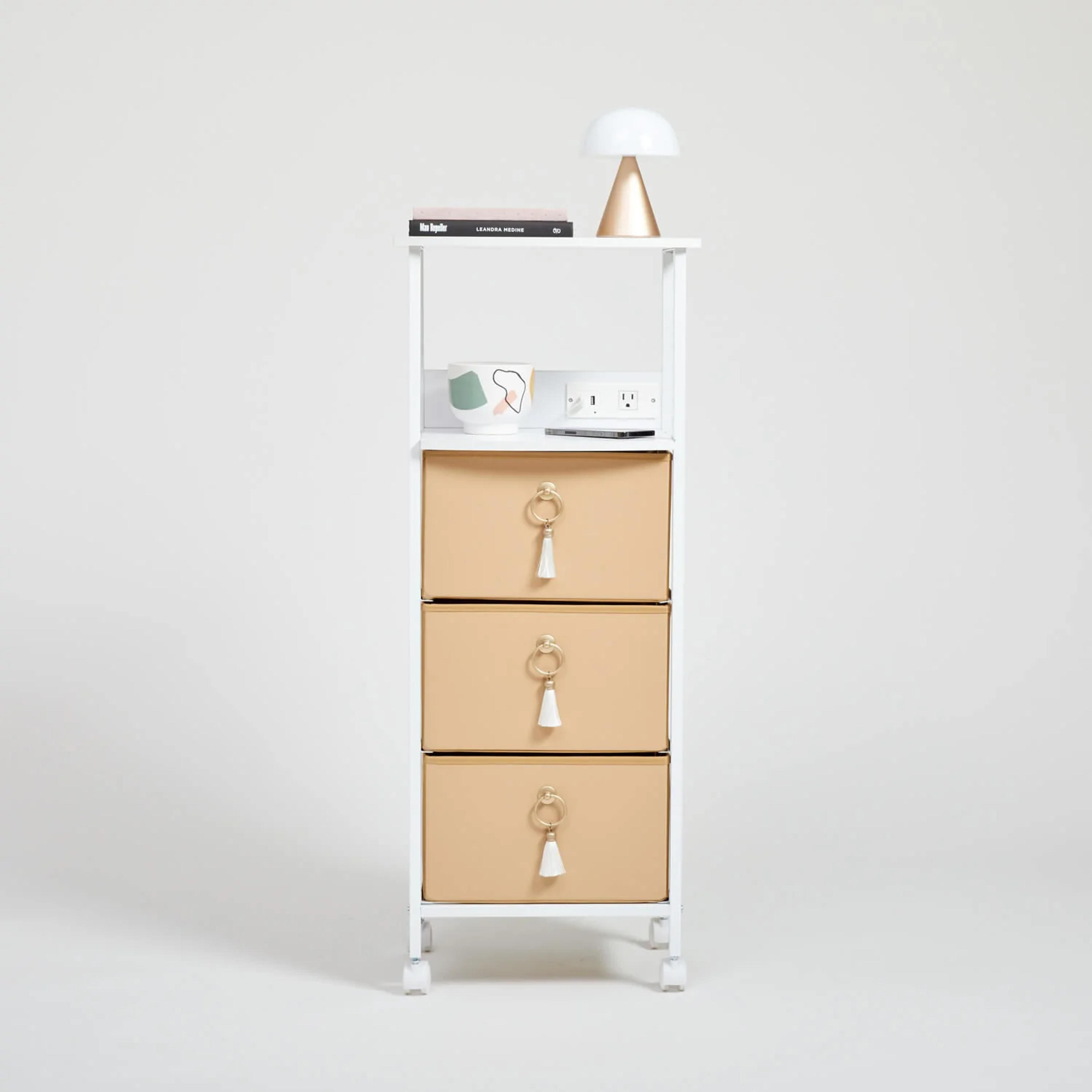 Dormify Tall Charging 3 Drawer Cart on Wheels | Dorm Essentials - Camel - Dormify