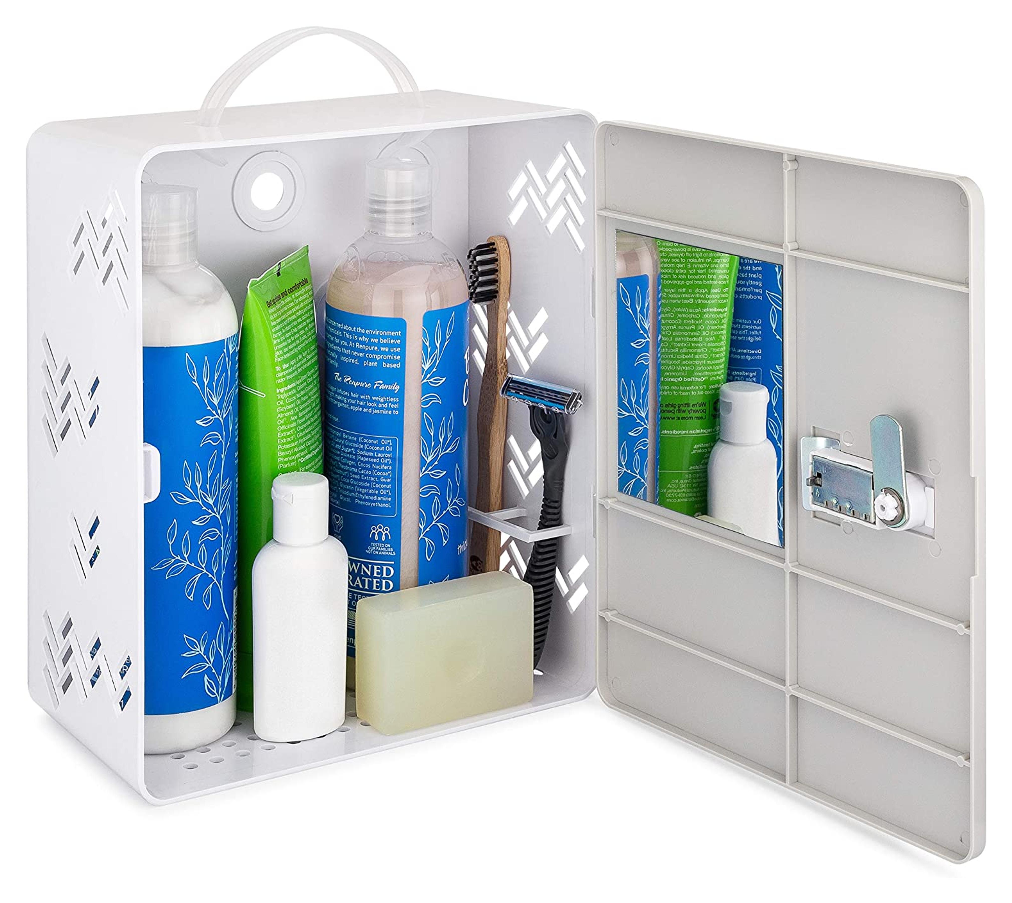 SHLOCKER Shower Caddy Locker Tote Best for Dorms, College, Coliving, Sharing Bathroom with Roommates or Family. Suction Cups, Lock, Mirror