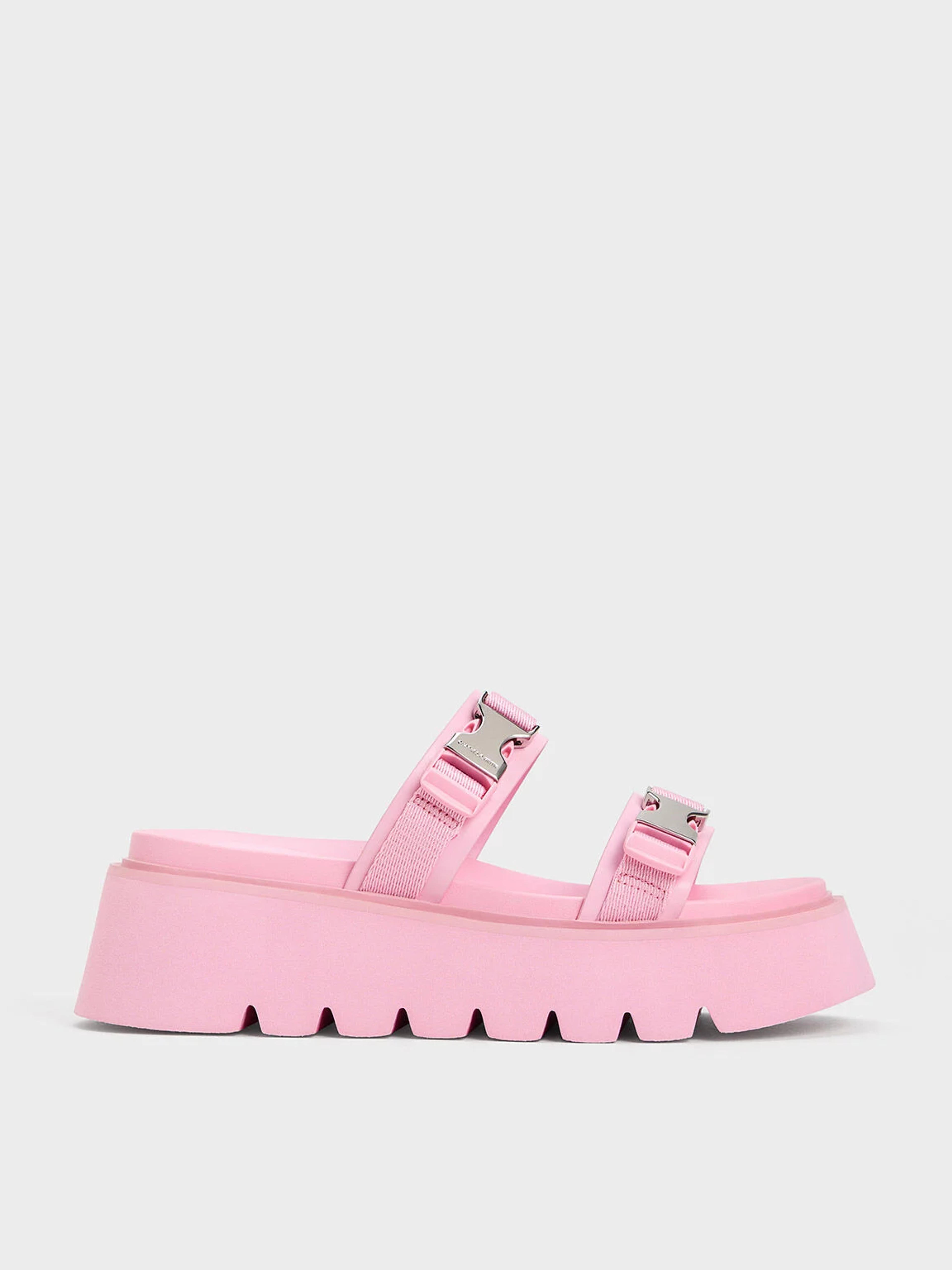 Light Pink Laine Metallic-Buckle Flatform Sandals - CHARLES & KEITH US